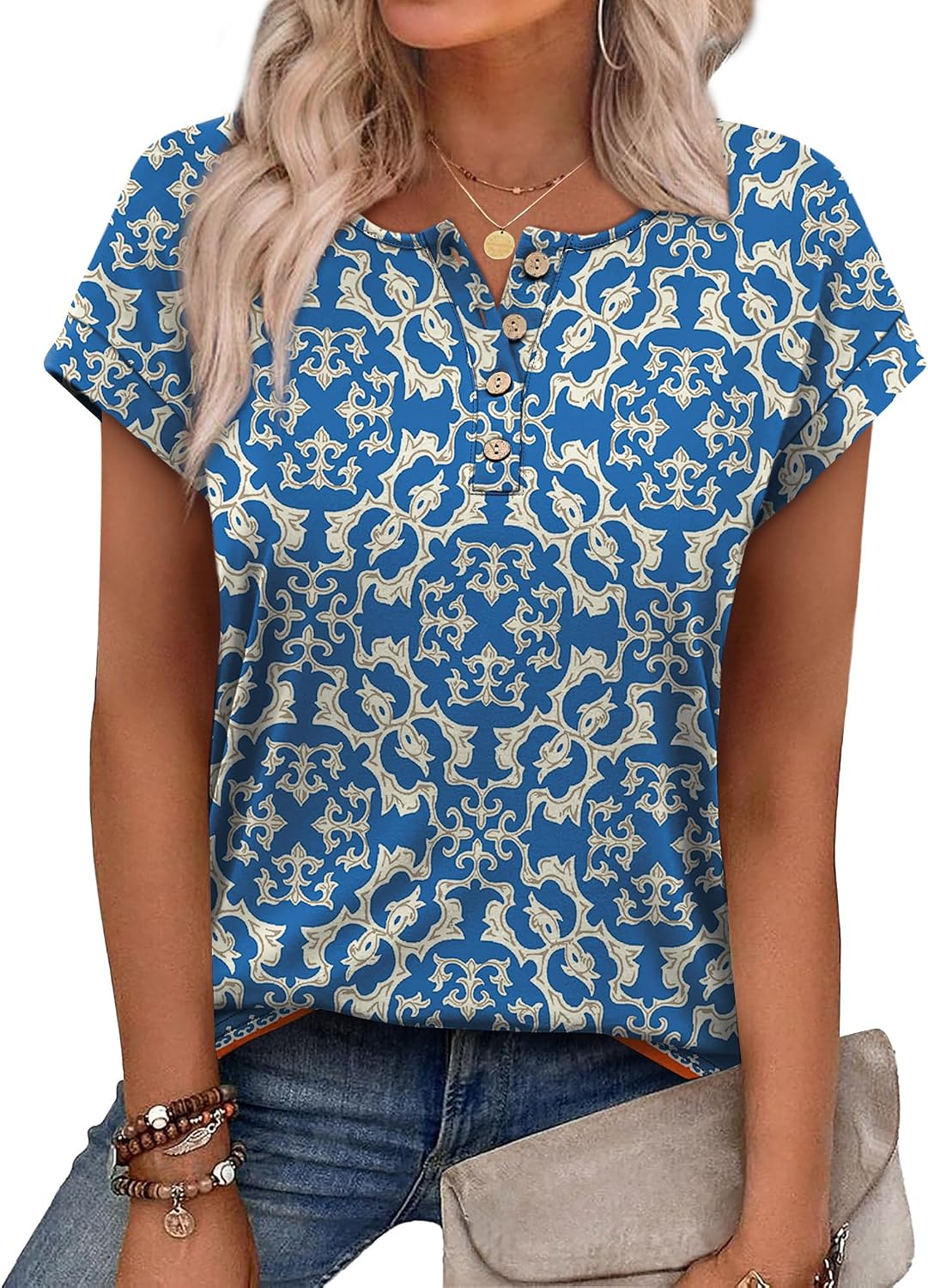 Thumbnail 5 de Aokosor Womens Summer Floral Printed Short Sleeve Crew Neck Blouse – Versatile UK-Style Top