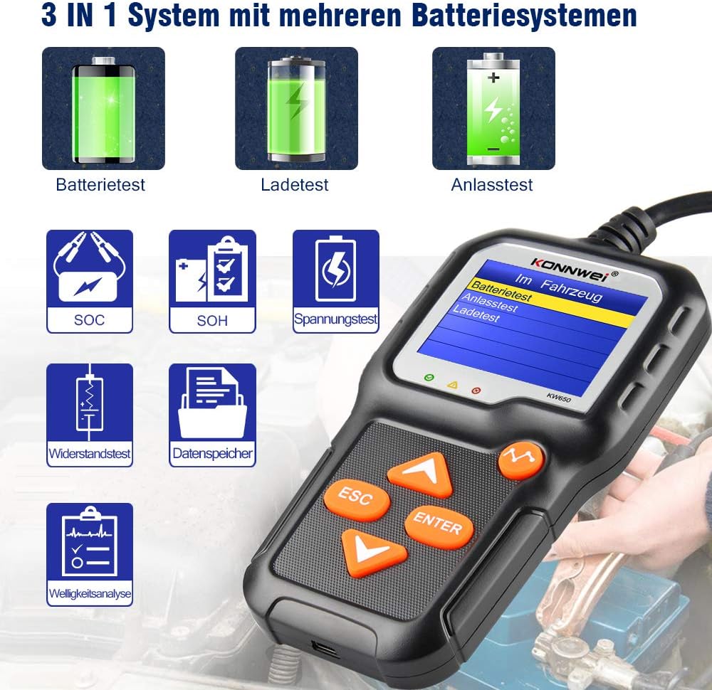 Detalle de KONNWEI KW650 KFZ-Batterietester für 6V/12V – Lade- und Ladesystem-Analysator mit Farb-LCD