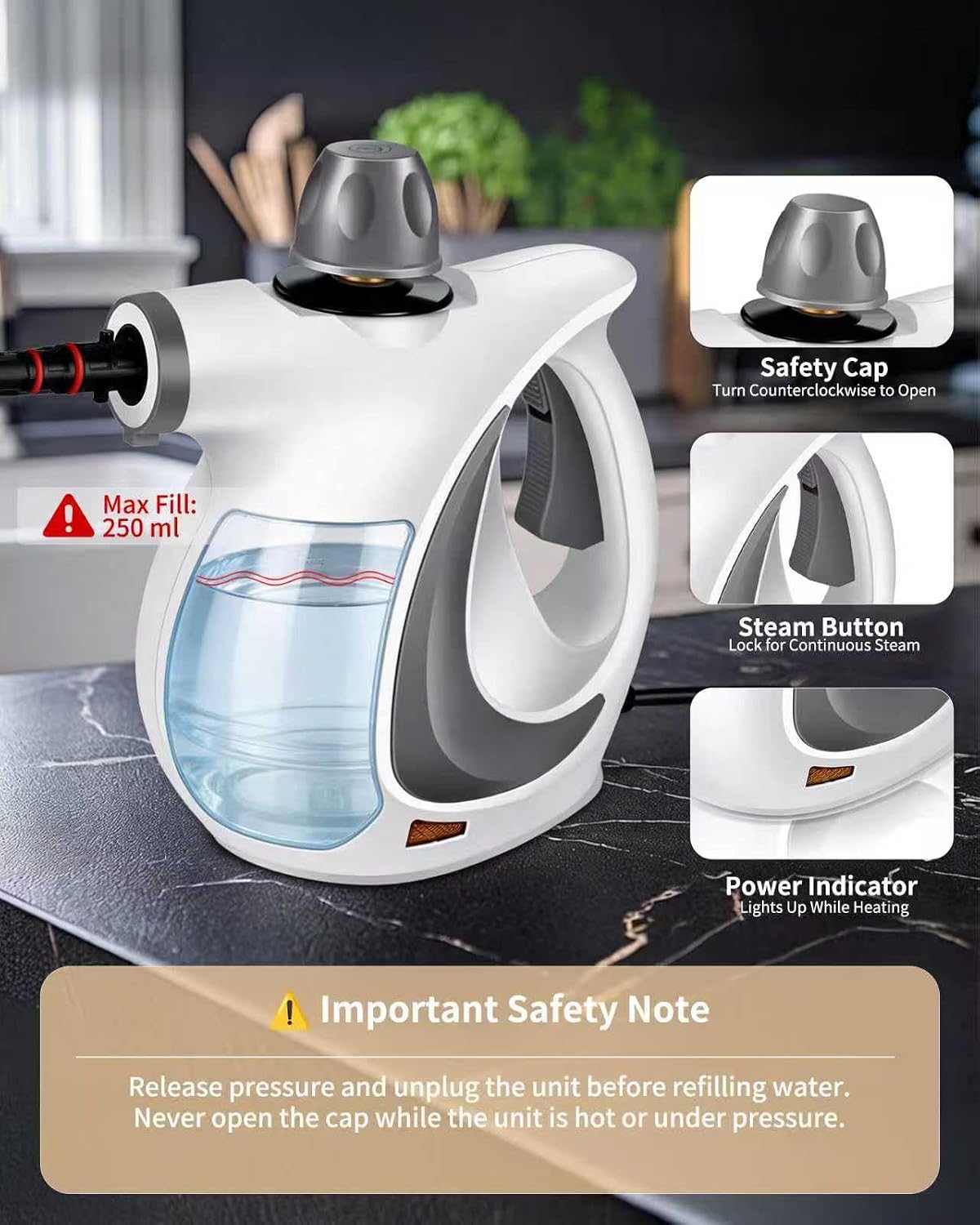 Thumbnail 6 de Pressurized Handheld Steam Cleaner with 12-Piece Kit and Safety Lock – Multi-Surface Deep Clean for Home (Dark Grey)