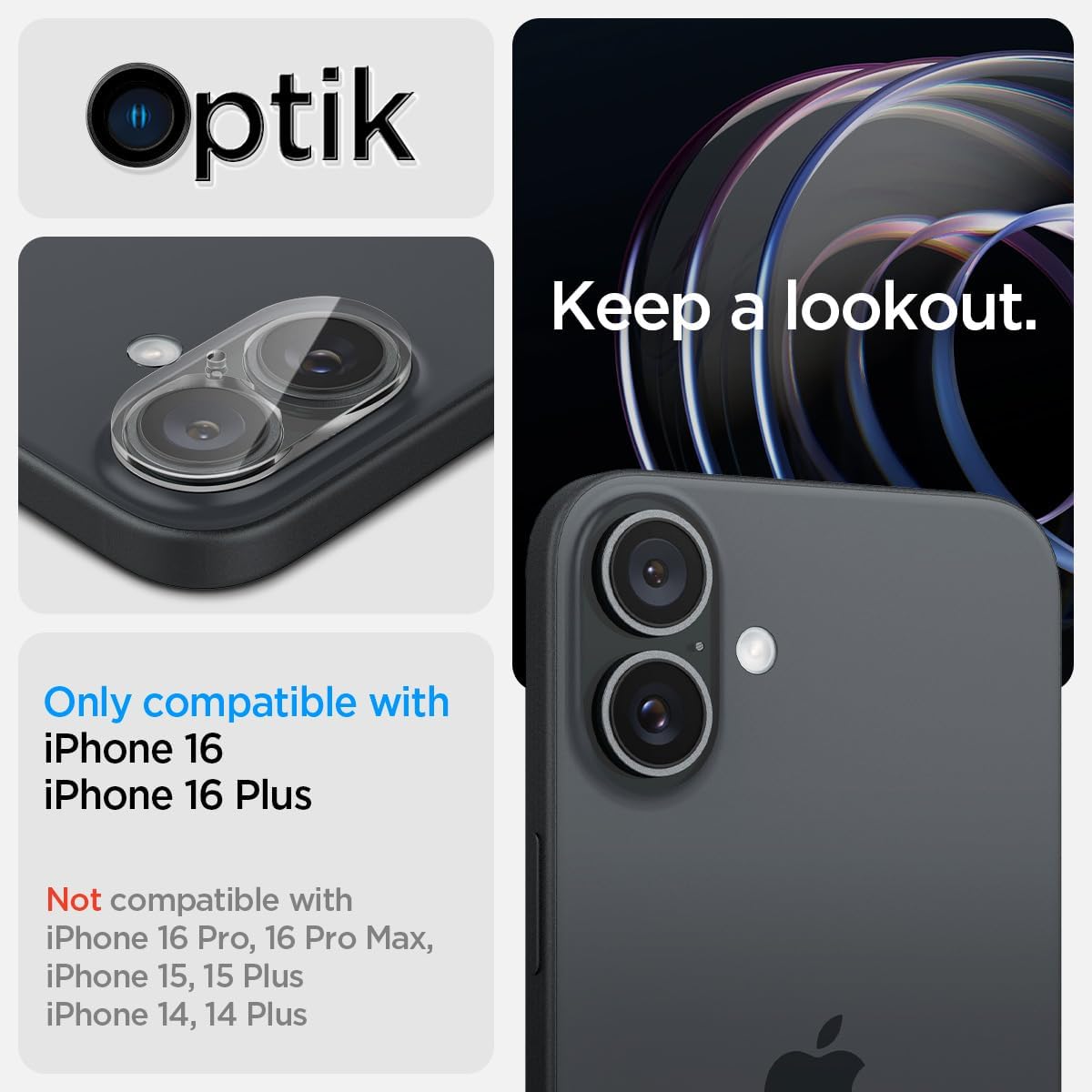 Detalle de Spigen Glas.tR Optik protezione fotocamera per iPhone 16 / iPhone 16 Plus (2 pezzi) cristallino, durezza 9H