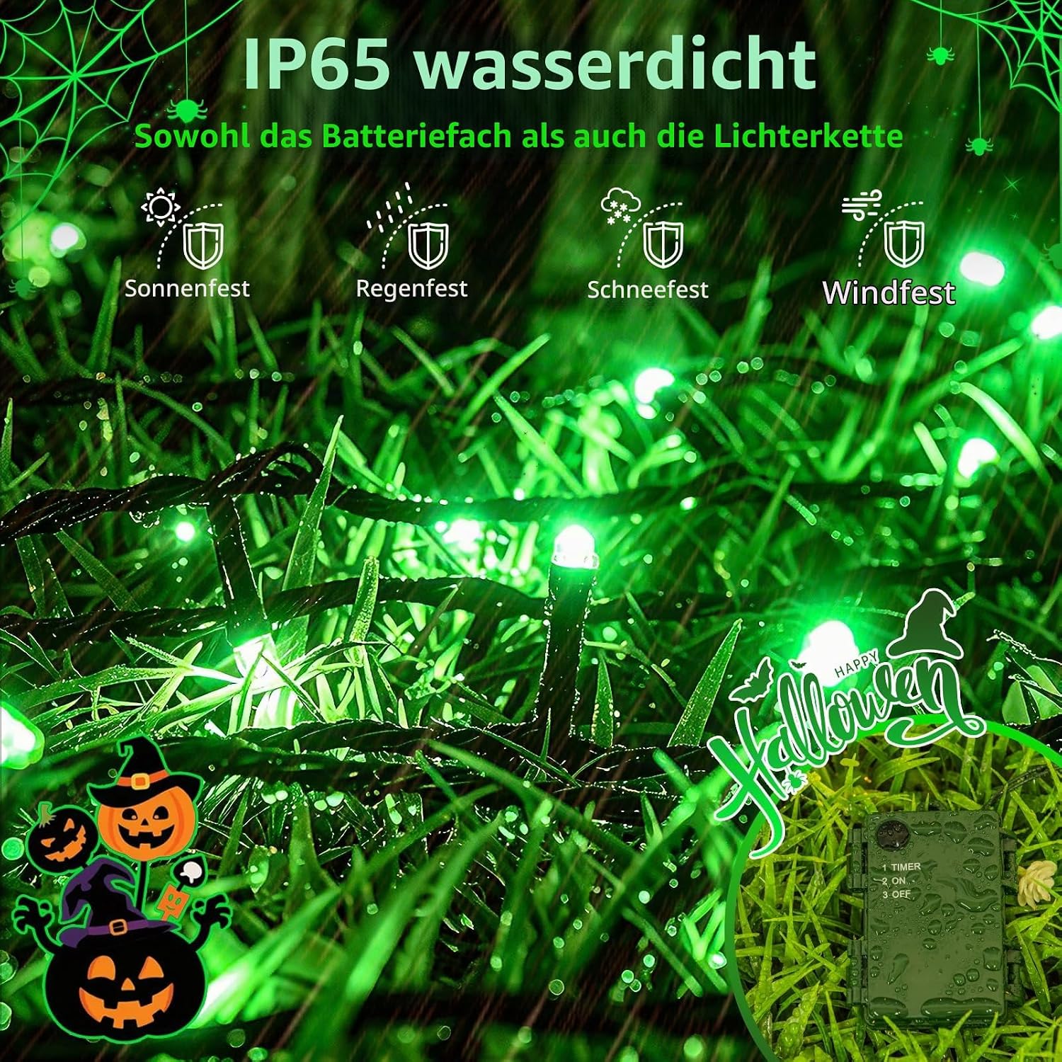 Detalle de Joolivo 2 Stück Halloween Lichterkette Outdoor – 12 m, 120 LEDs Grün