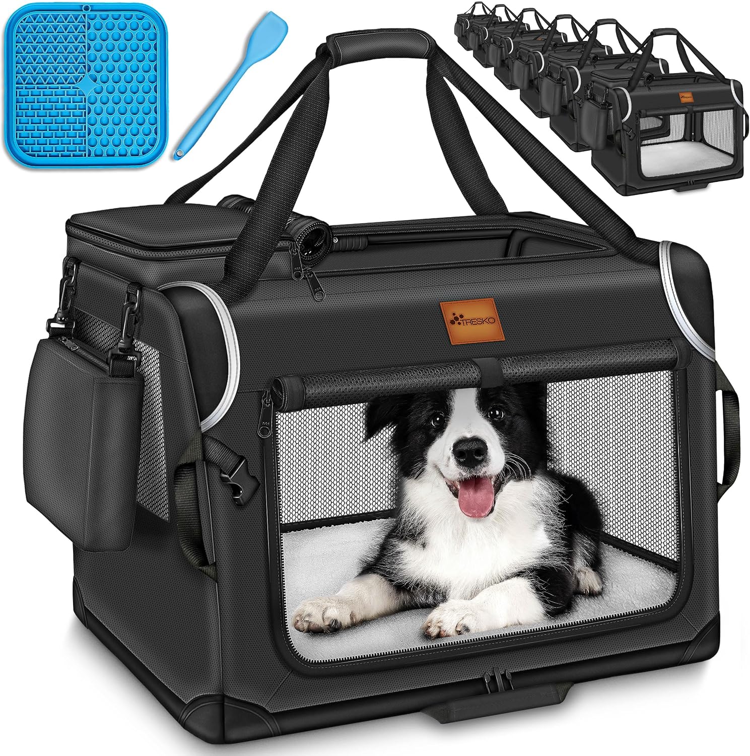 Detalle de TRESKO® Box per cani pieghevole con tappetino e spatola: trasportino robusto per cani e gatti di tutte le taglie (M, 61 x 42 x 42 cm) – nero