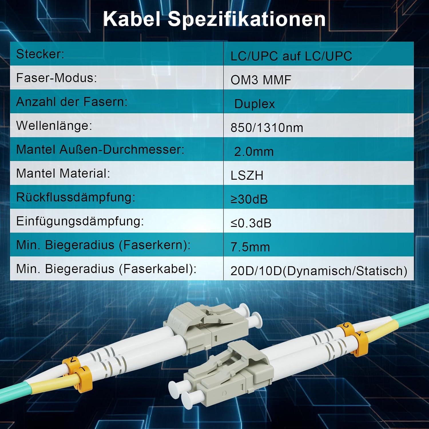 Thumbnail 3 de 8ternityFiber LC auf LC OM3 Patchkabel 0,5 m – Duplex, 50/125 µm, LSZH Aqua