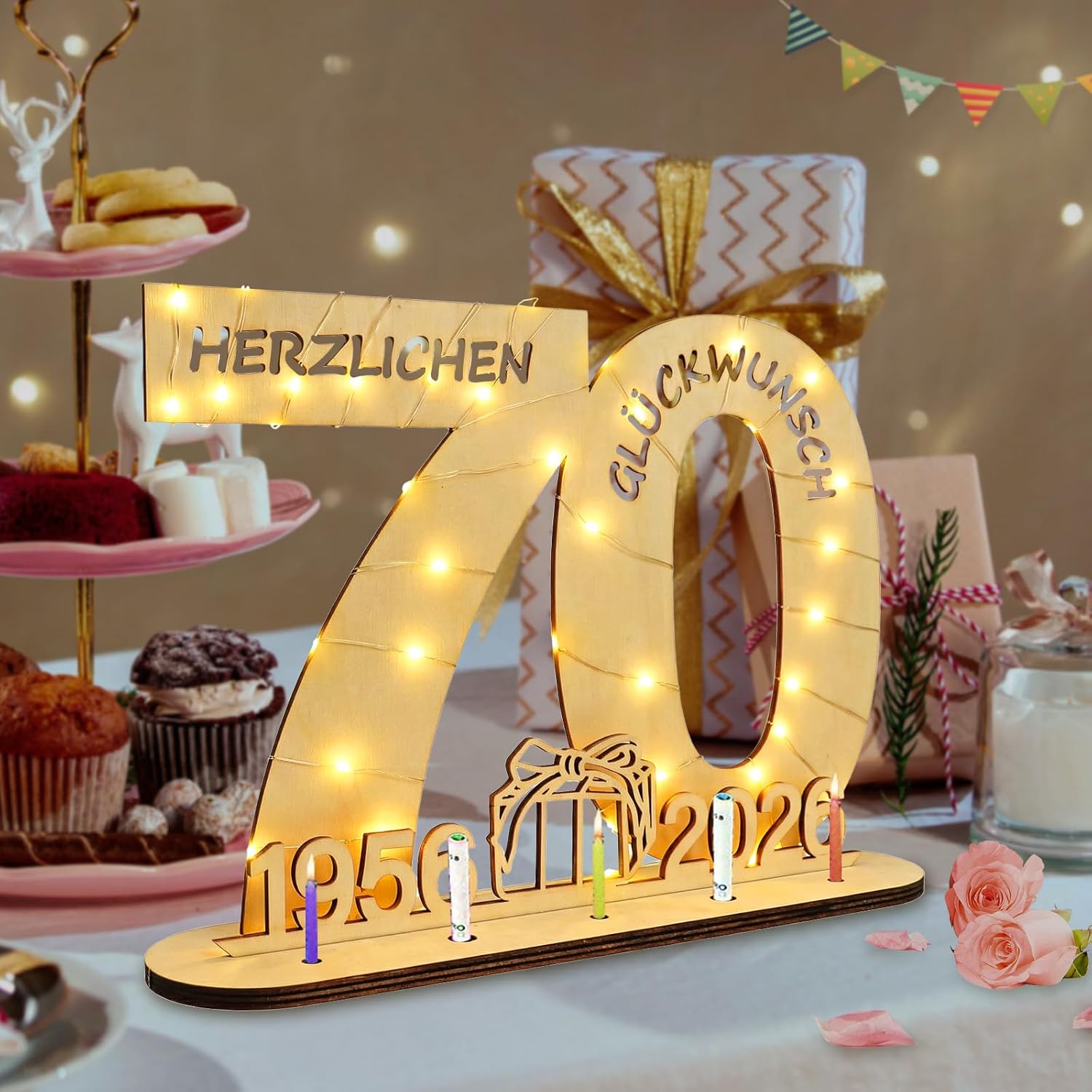 Thumbnail 4 de Seutgjie Geschenk zum 70. Geburtstag: Deko-Holzschild mit LED-Lichterkette, Geldgeschenk & Gästebuch
