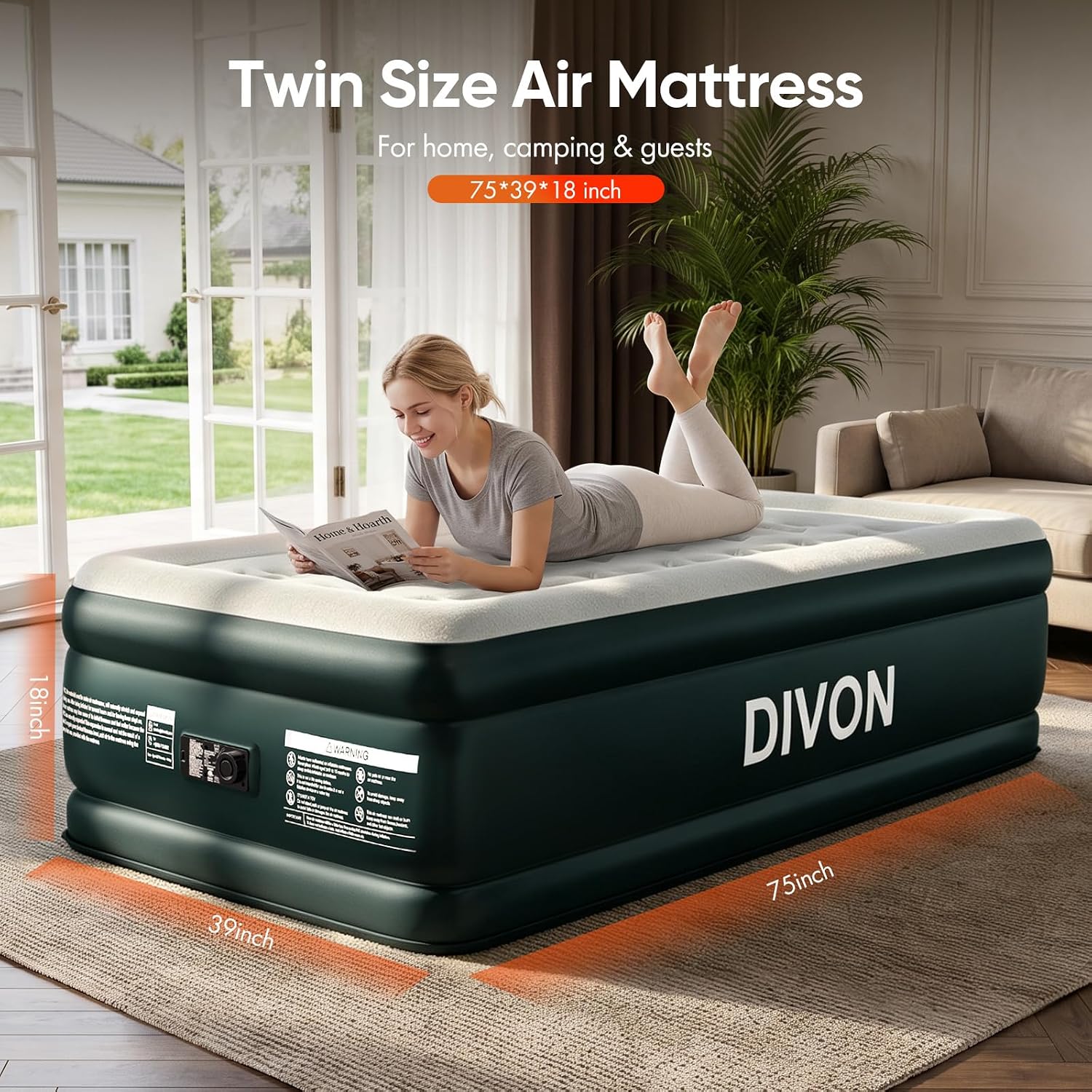 Detalle de DIVON DNYK2239 Twin Air Mattress with Built-In Pump, 18-Inch Raised Design