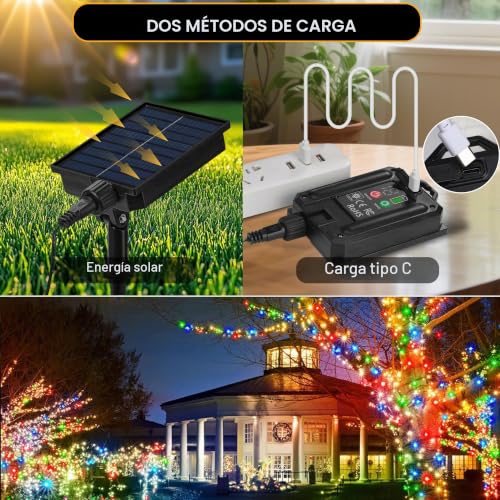 Detalle 2 de Tacobey guirnalda de luces solar y USB, 200 LED, 8 modos e IP65