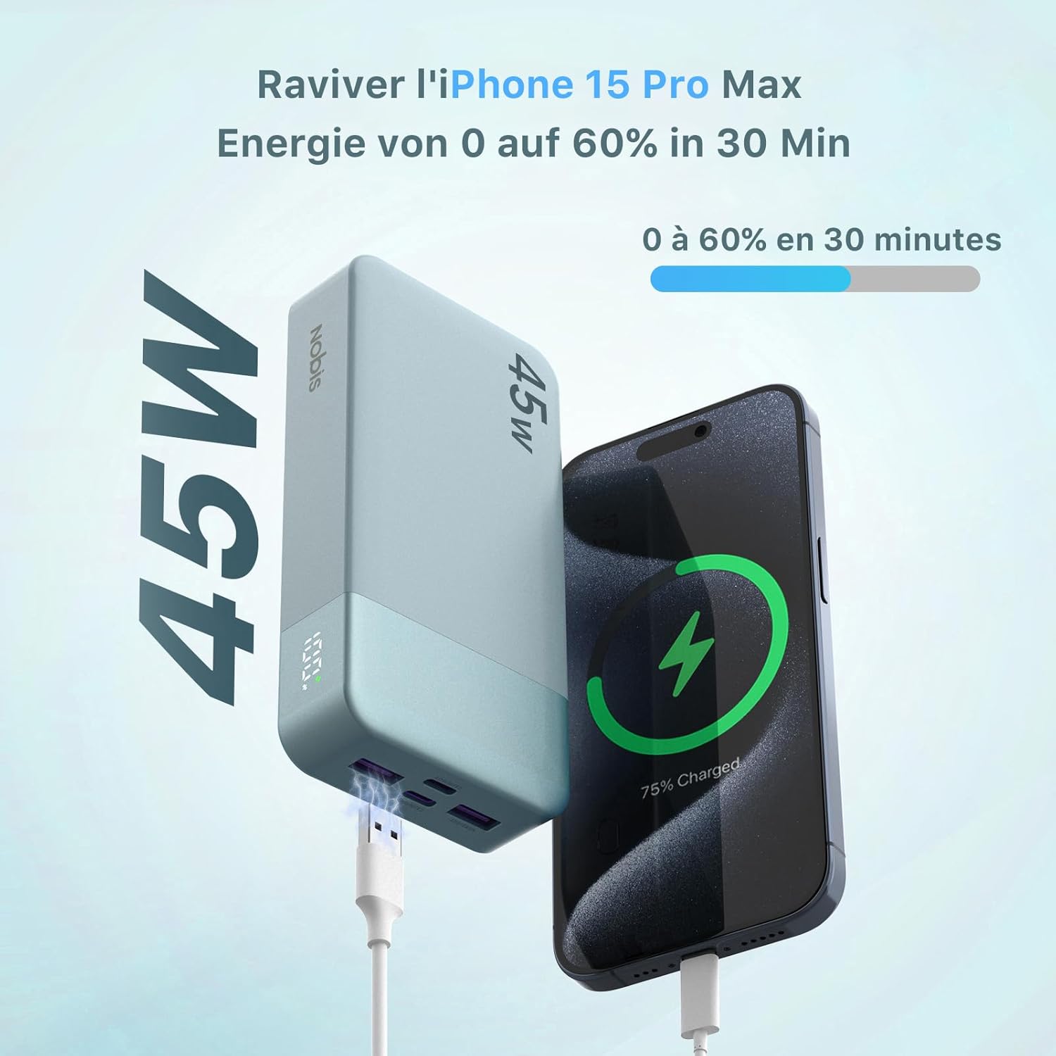 Thumbnail 1 de Nobis Batterie Externe 20000mAh Power Bank 45W – Charge Rapide USB-C In/Out, 4 Ports + affichage LED
