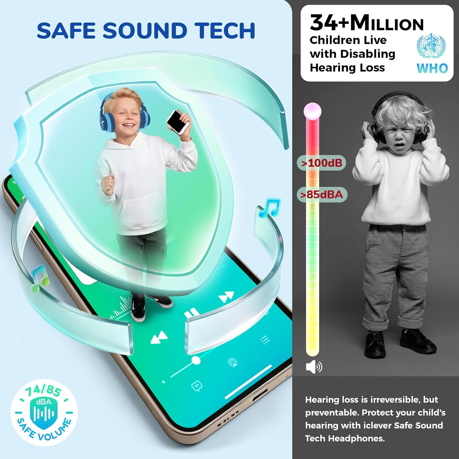 Detalle de iClever BTH12 Kids Bluetooth Headphones 85H