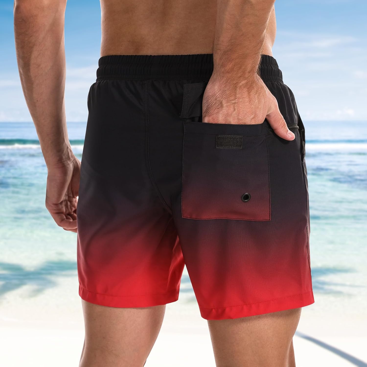 Detalle de Danfiki men’s 2 in 1 swimming shorts with mesh compression liner, zipper pockets & gradient quick-dry finish
