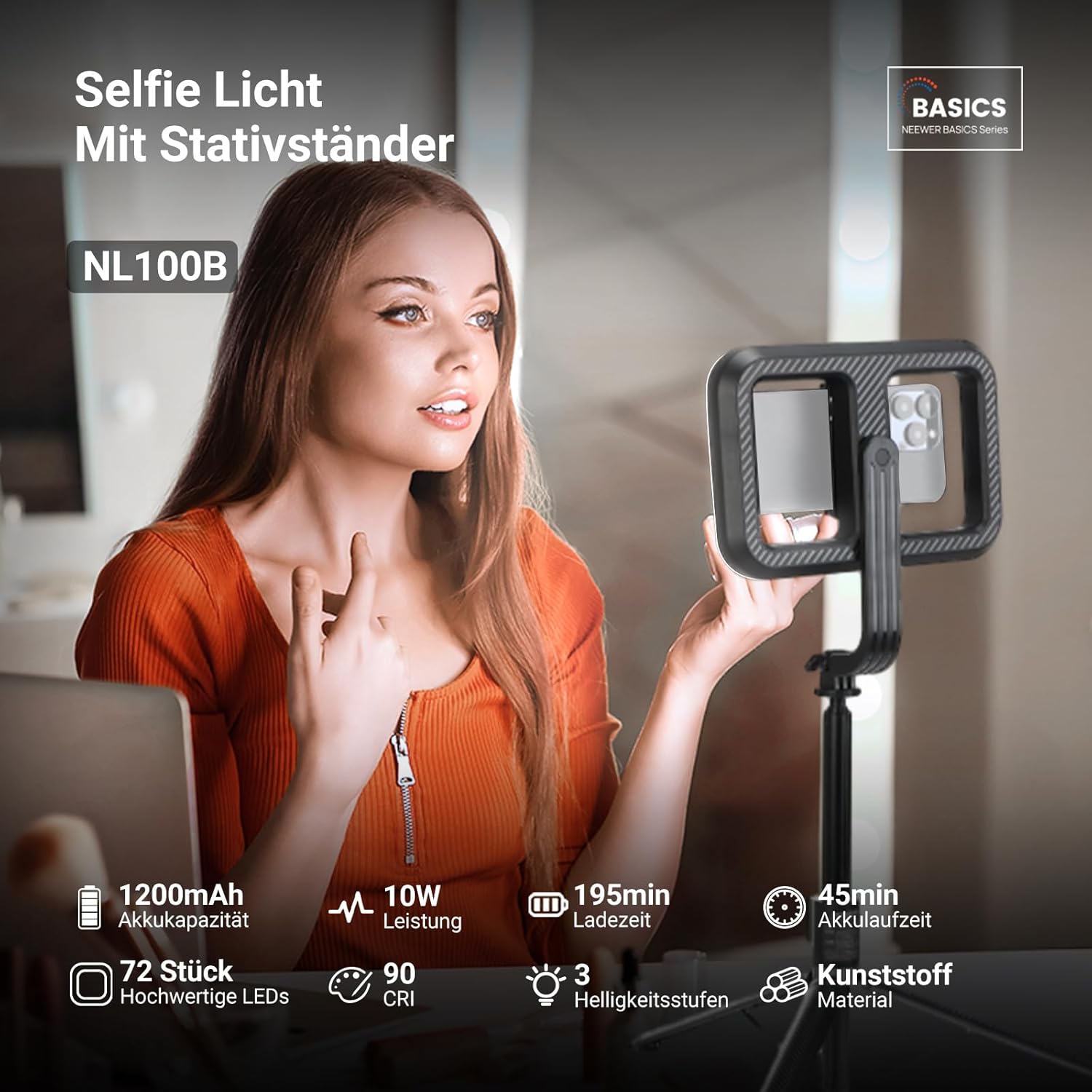 Detalle 2 de NEEWER Basics NL100B: USB‑Ladebarer Selfie Ringlicht‑Stativ mit 72" Auszug und Bluetooth Fernbedienung