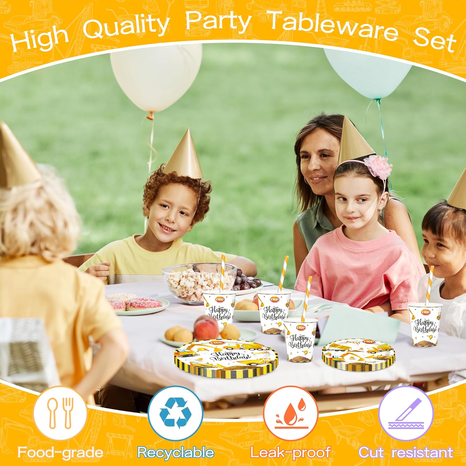 Detalle de BuyCard Baustellen Partyzubehör Set – 60-teiliges Baubau-Feeling für Kinderfeste