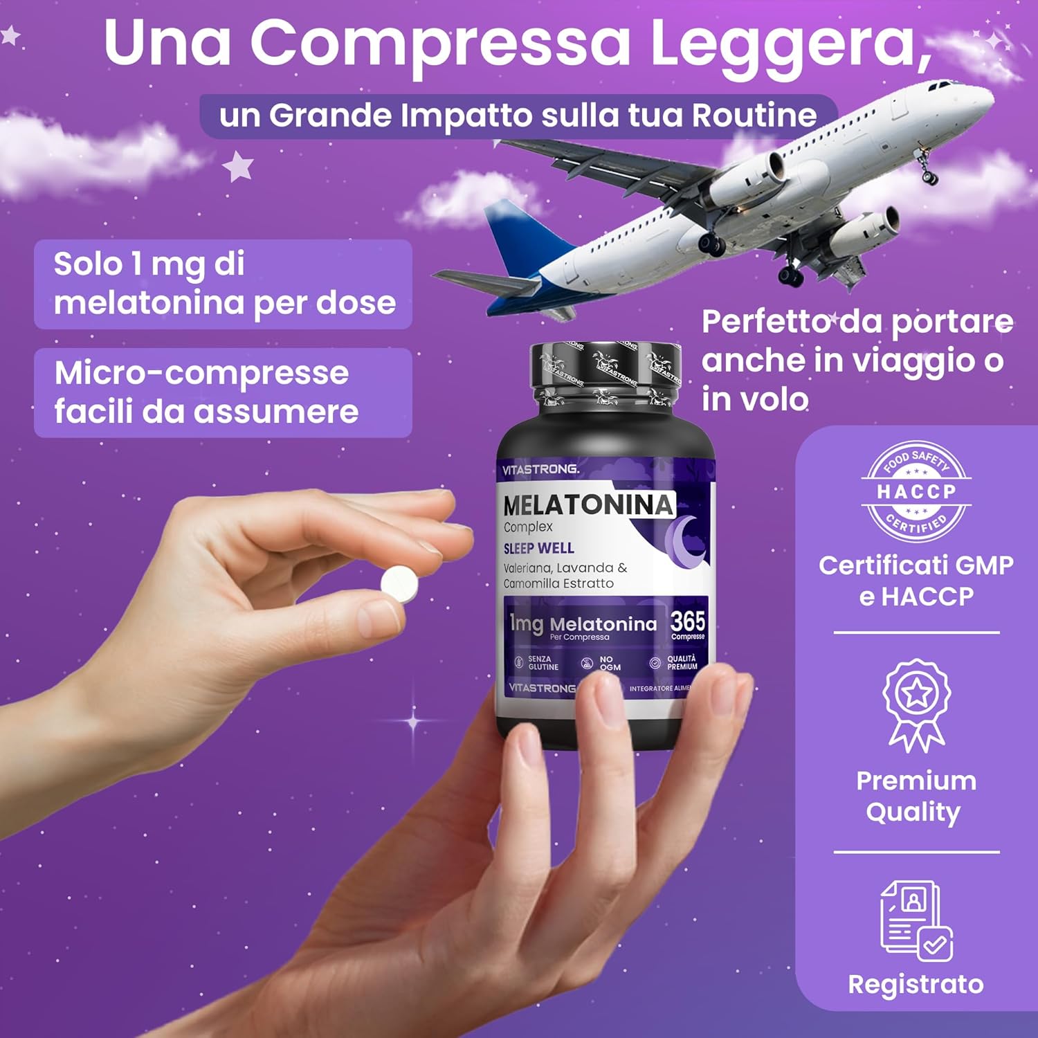 Detalle de Melatonina Vitastrong Complex 365 Micro-Comprime 1 mg con Camomilla, Valeriana, Lavanda e Vitamina B6