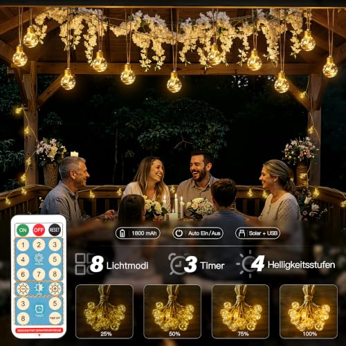 Detalle de Ollny Solar Lichterkette Outdoor 8 m mit 16 LED Glühbirnen – warmweiß, 8 Modi