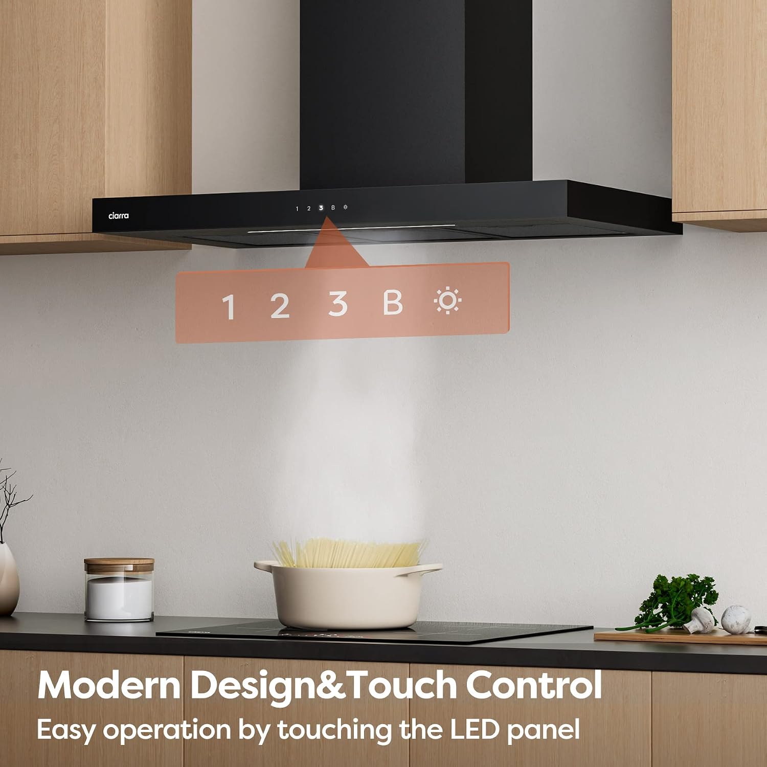 Detalle de CIARRA Black Cooker Hood 90cm CBCB9102: 650m³/h, Wi‑Fi App Control, A+++ Energy, 4 Speeds
