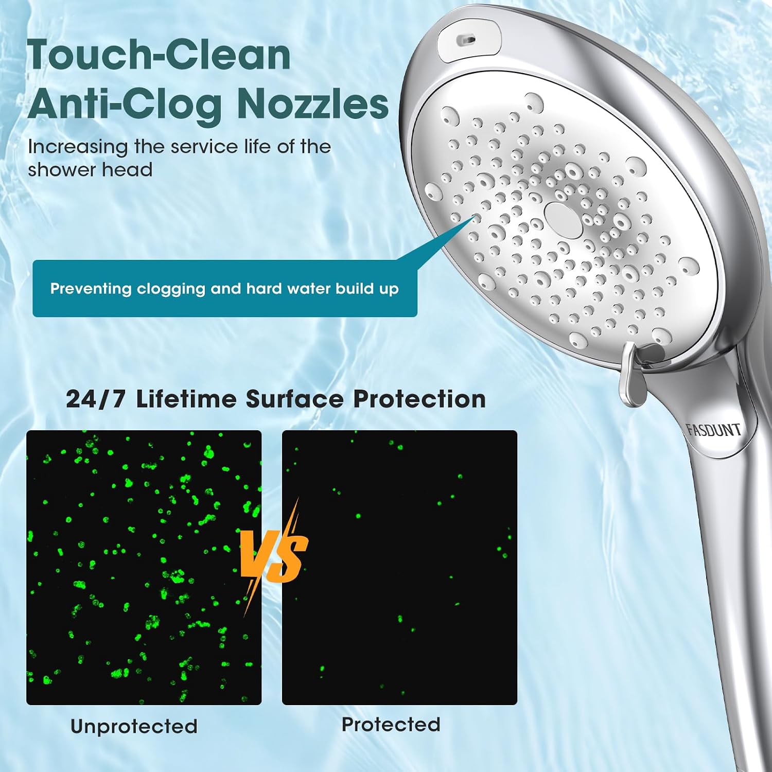 Detalle 2 de FASDUNT CY1 Filtered Handheld Shower Head, 8 Spray Settings, Chrome