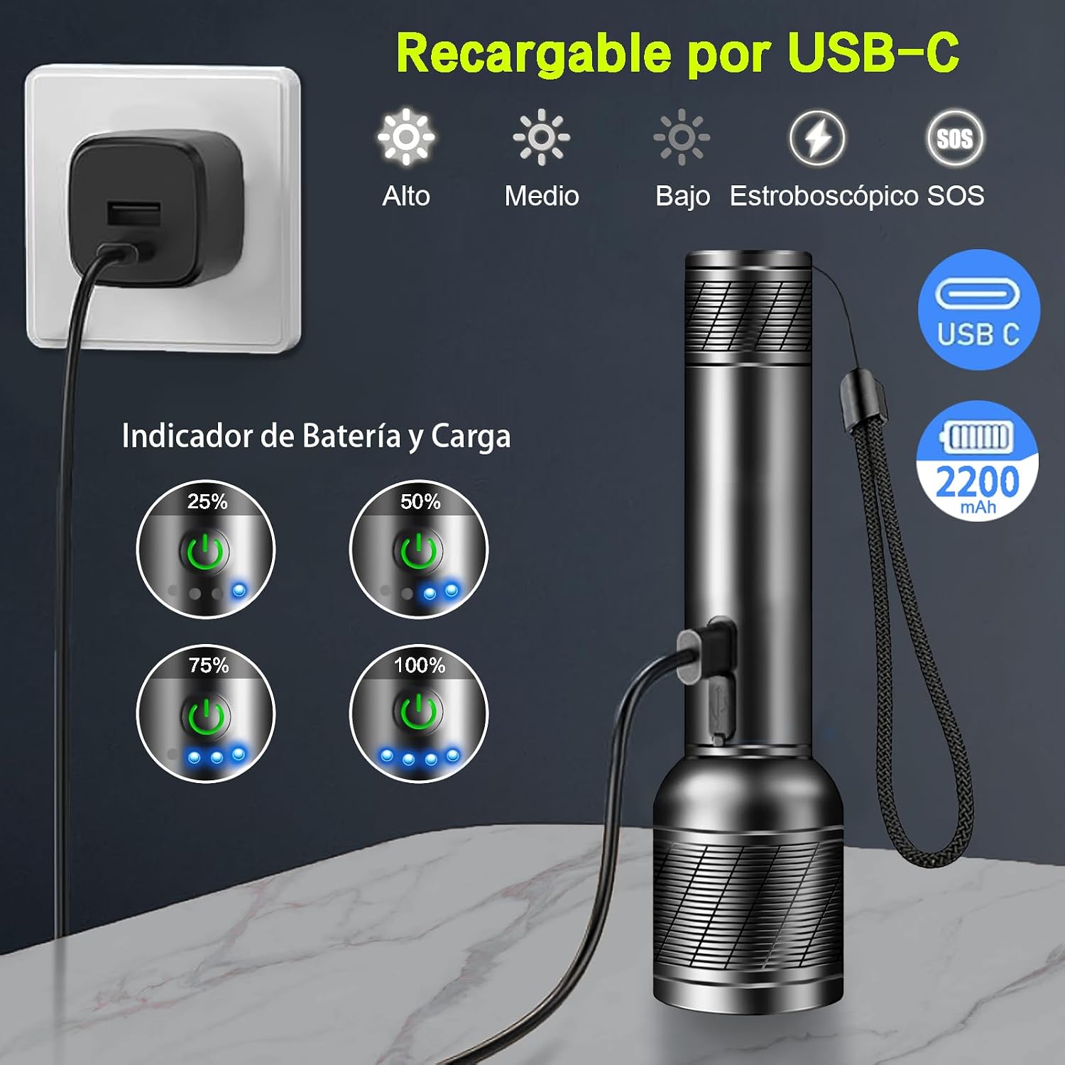Detalle 2 de REHKITTZ Linterna LED Recargable 2200 lúmenes