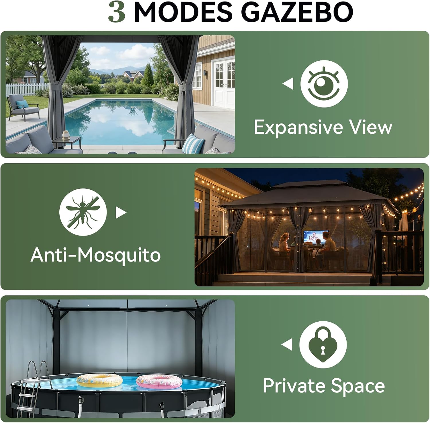Detalle de Aoxun G30067NEW 20' x 10' Outdoor Gazebo with Netting and Curtains