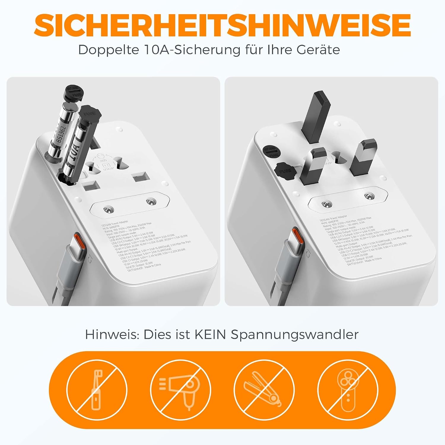 Detalle de TESSAN Reiseadapter Weltweit mit einziehbarem USB-C Kabel PD 35 W – universeller Steckdosenadapter mit 4 USB und 1 AC Steckdose