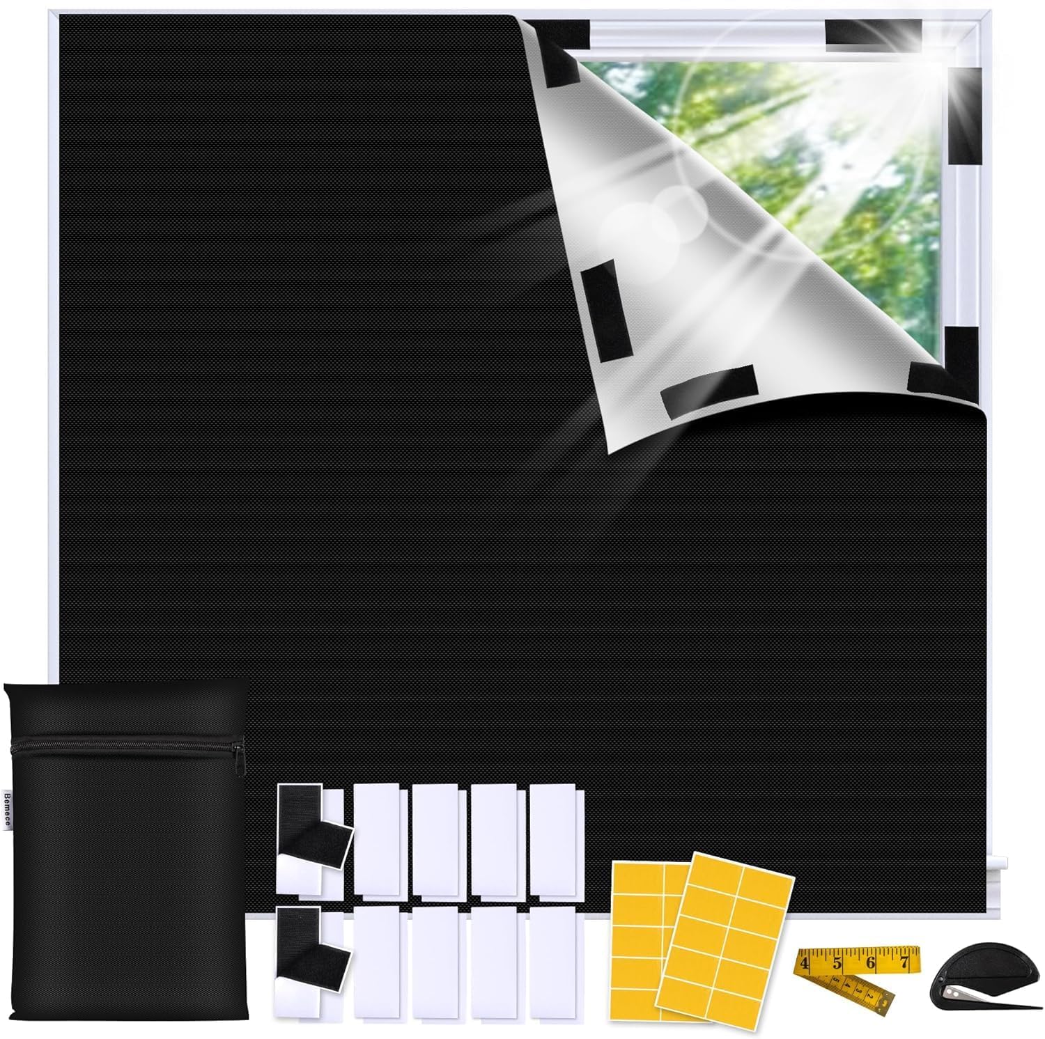 Bemece Portable 100% Blackout Blind (No Drill) for Windows – 420D Oxford Blackout, Cut-to-Fit, Velcro & Adhesive