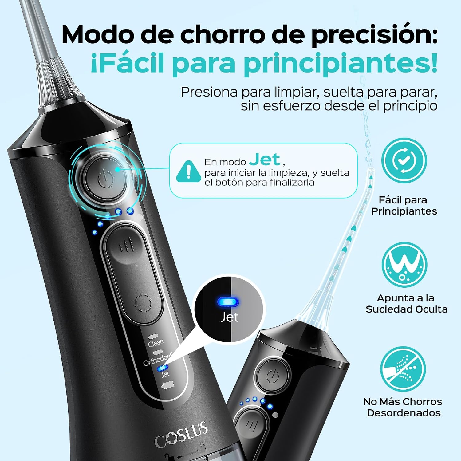 Detalle de COSLUS C51 irrigador dental bucal portátil inalámbrico con 3 modos, 18 niveles y depósito de 300 ml (IPX7)
