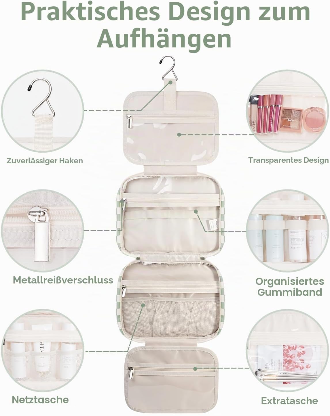 Detalle de Narwey Kariert Kulturtasche für Damen – Kulturbeutel zum Aufhängen mit 4 Fächern