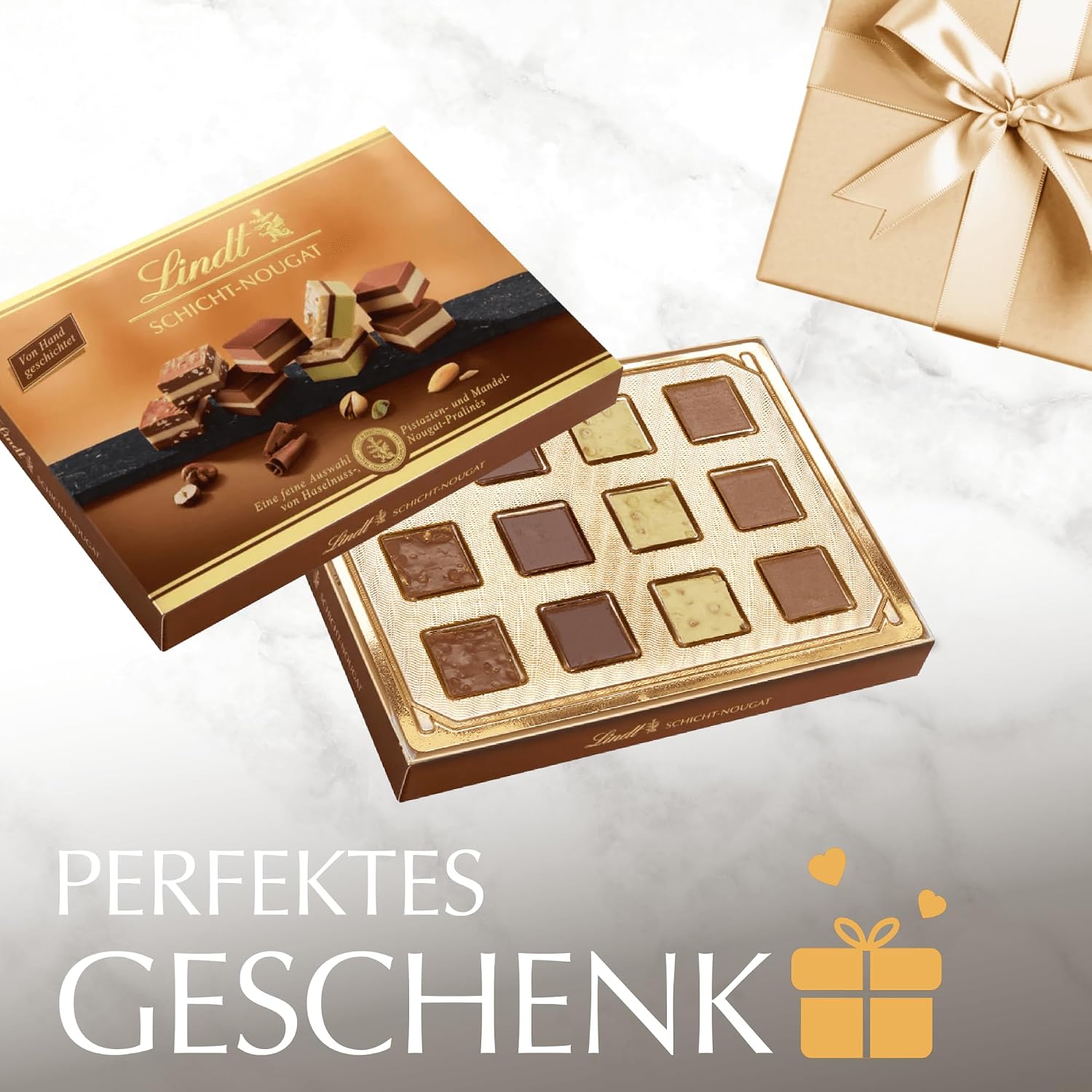 Detalle de Lindt Schicht Pralinen 125 g – Mandel-, Haselnuss- und Pistazien-Nougat Pralinés