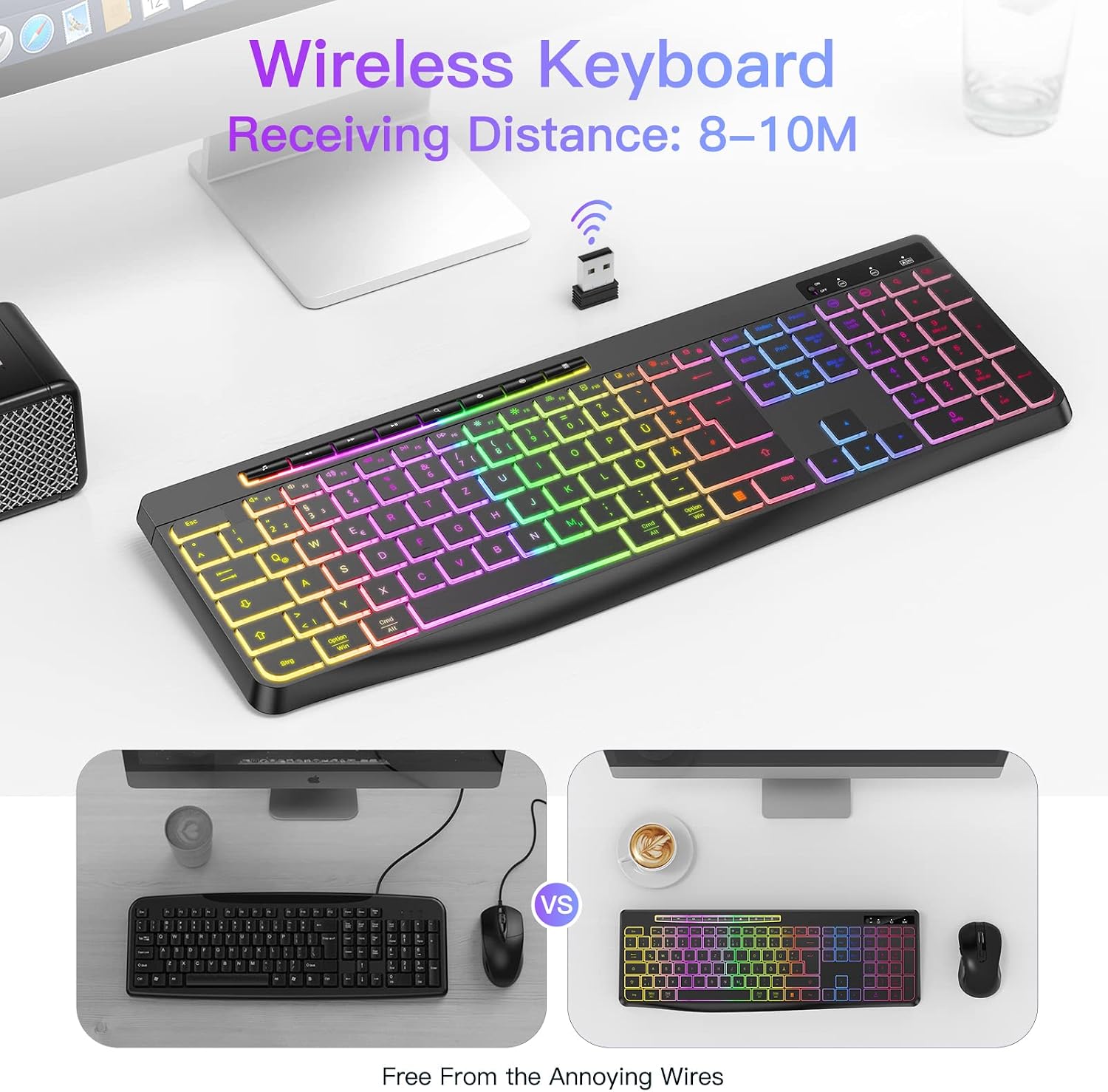 Detalle de TECURS kabellose Gaming-Tastatur (QWERTZ) mit Beleuchtung, leisen Tasten & Multimedia – für Windows, Mac, PS4 und Xbox, schwarz