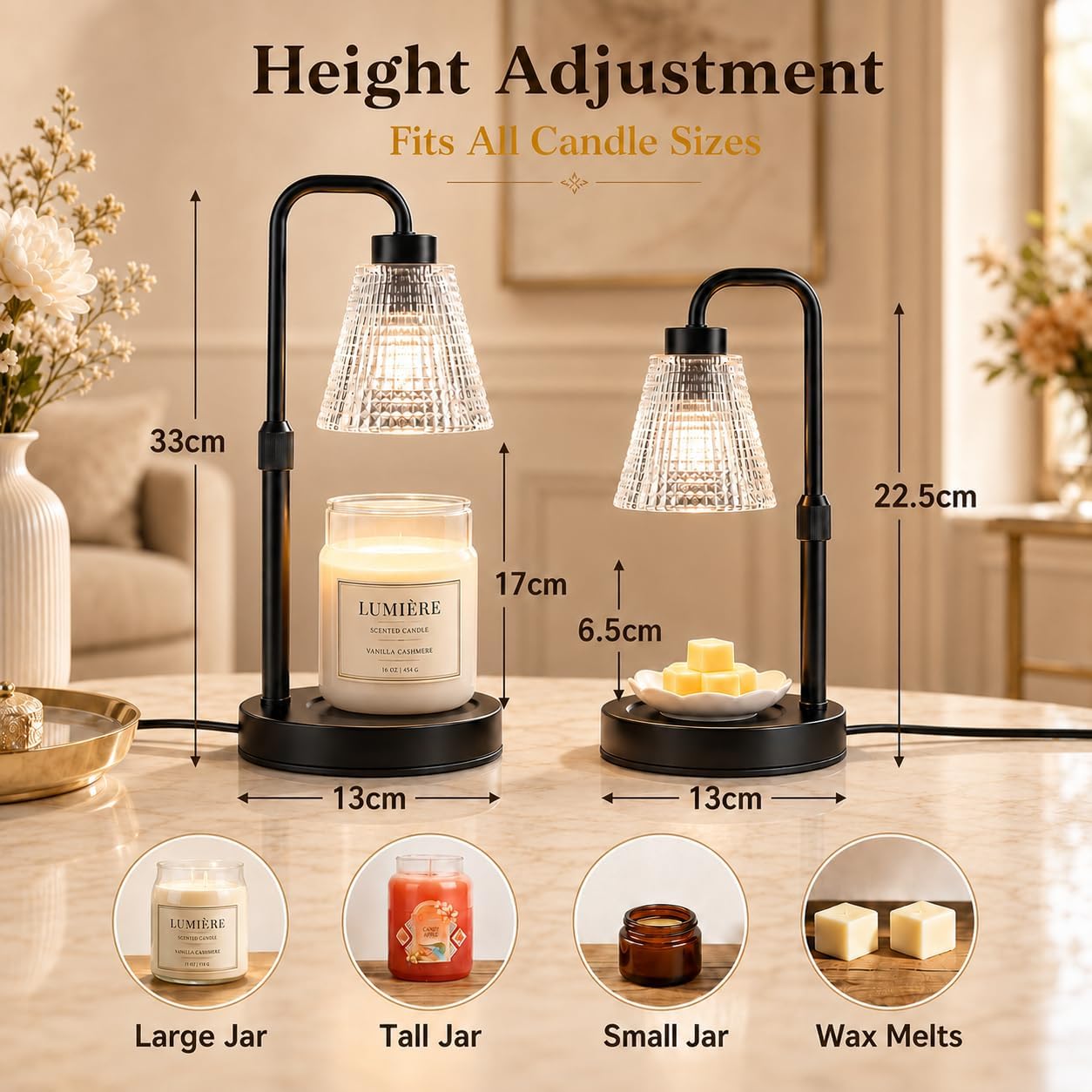 Thumbnail 2 de Candle Warmer Lamp with Timer and Dimmer – Height Adjustable, Flameless Wax Melt Burner for Large Jar Candles