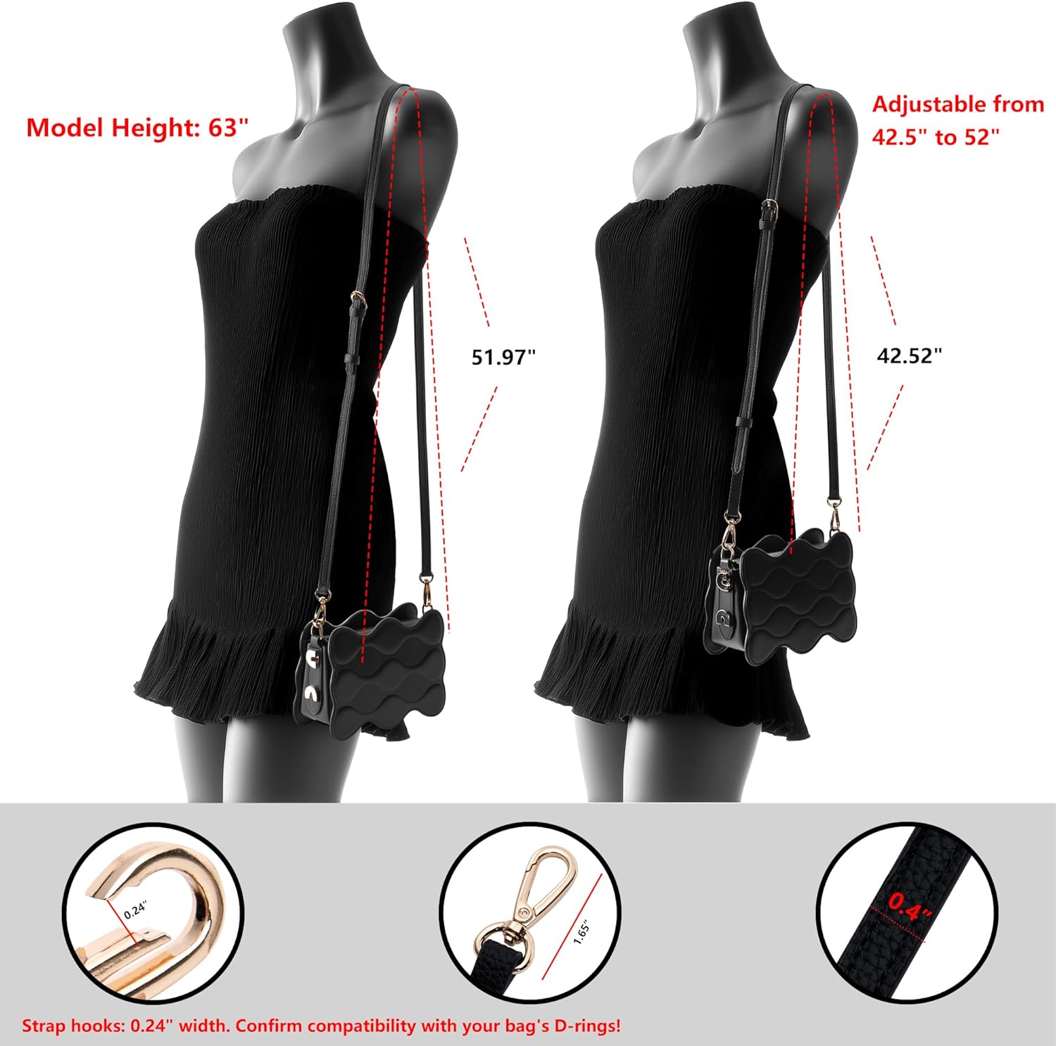 Detalle 2 de SEAVILIA PU Leather Purse Strap, Adjustable Crossbody Replacement, Black