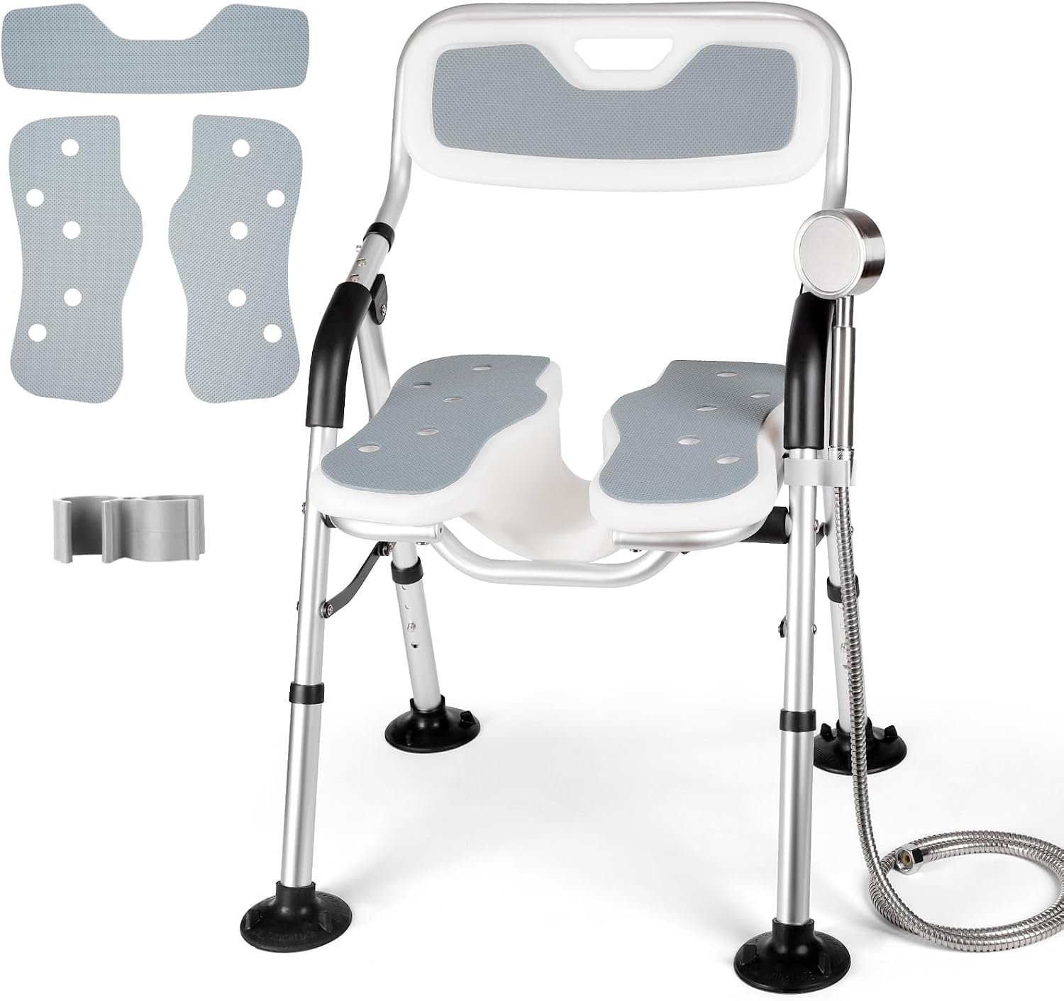 Detalle de DEWEL Chaise de douche pliable avec dossier et accoudoir, hauteur réglable (jusqu’à 150 kg), gris
