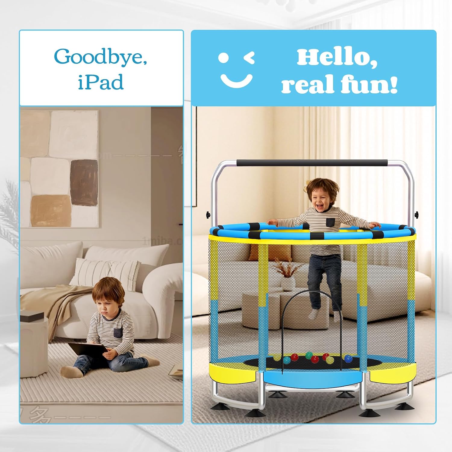Thumbnail 3 de 55" Kids Trampoline: 5-in-1 Indoor/Outdoor with Adjustable Gym Bar & Toys