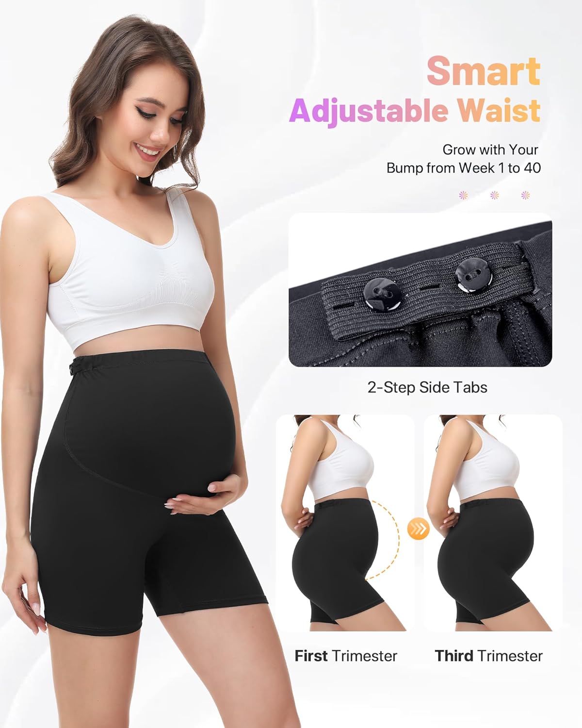 Detalle 2 de SIMIYA Maternity Shorts Over Bump Adjustable Waist – High Waisted Anti-Chafing Yoga Shorts