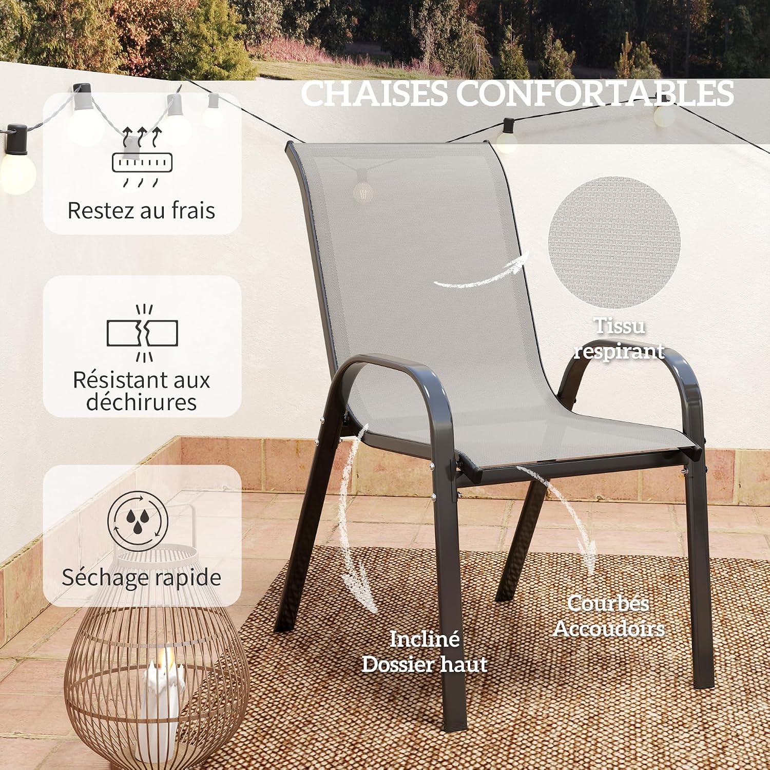Thumbnail 4 de Ensemble Outsunny 3 pièces pour salon extérieur : 2 fauteuils empilables + table basse en verre trempé (gris clair)