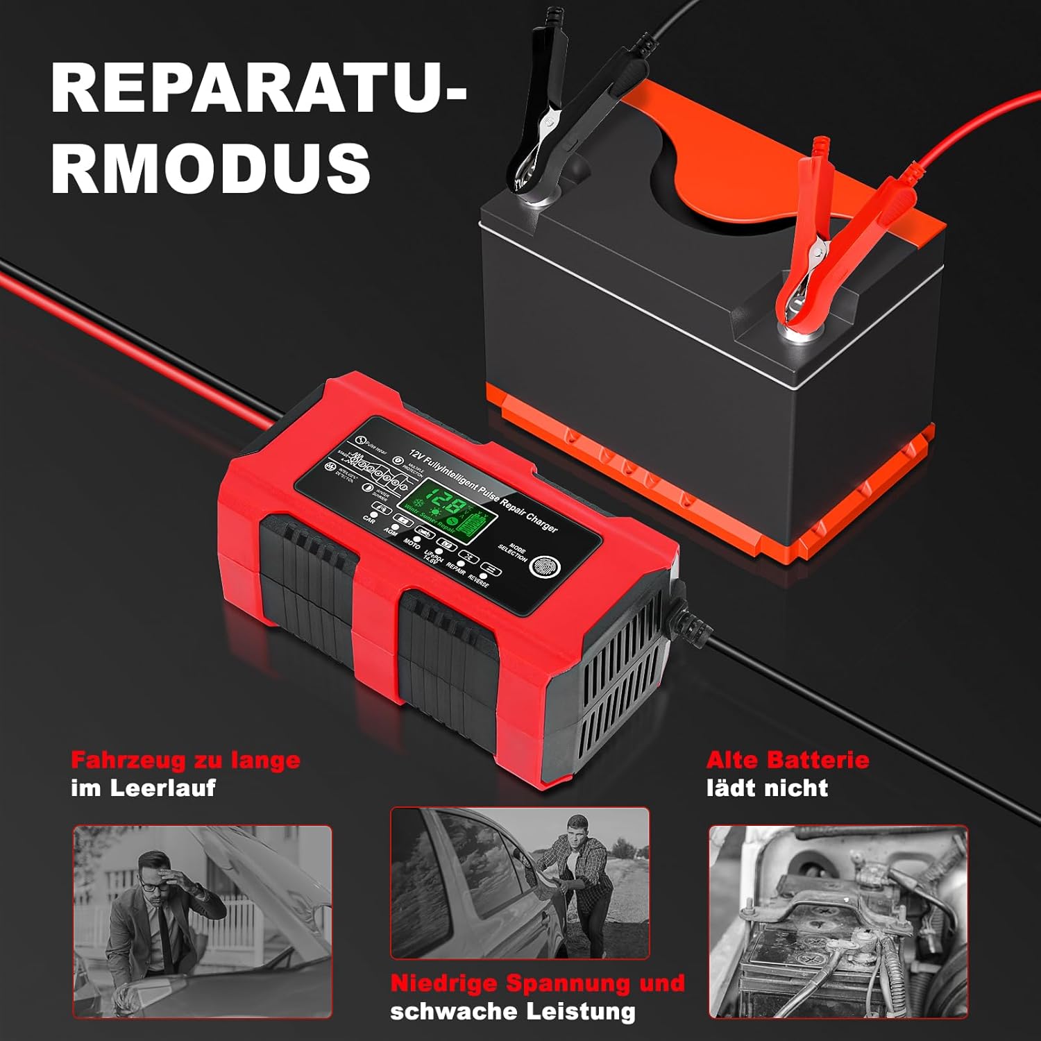 Thumbnail 4 de YDBAO Autobatterie-Ladegerät 10A 12V Smart – vollautomatisches KFZ-Ladegerät mit LCD, Temperaturkompensation & Reparaturmodus