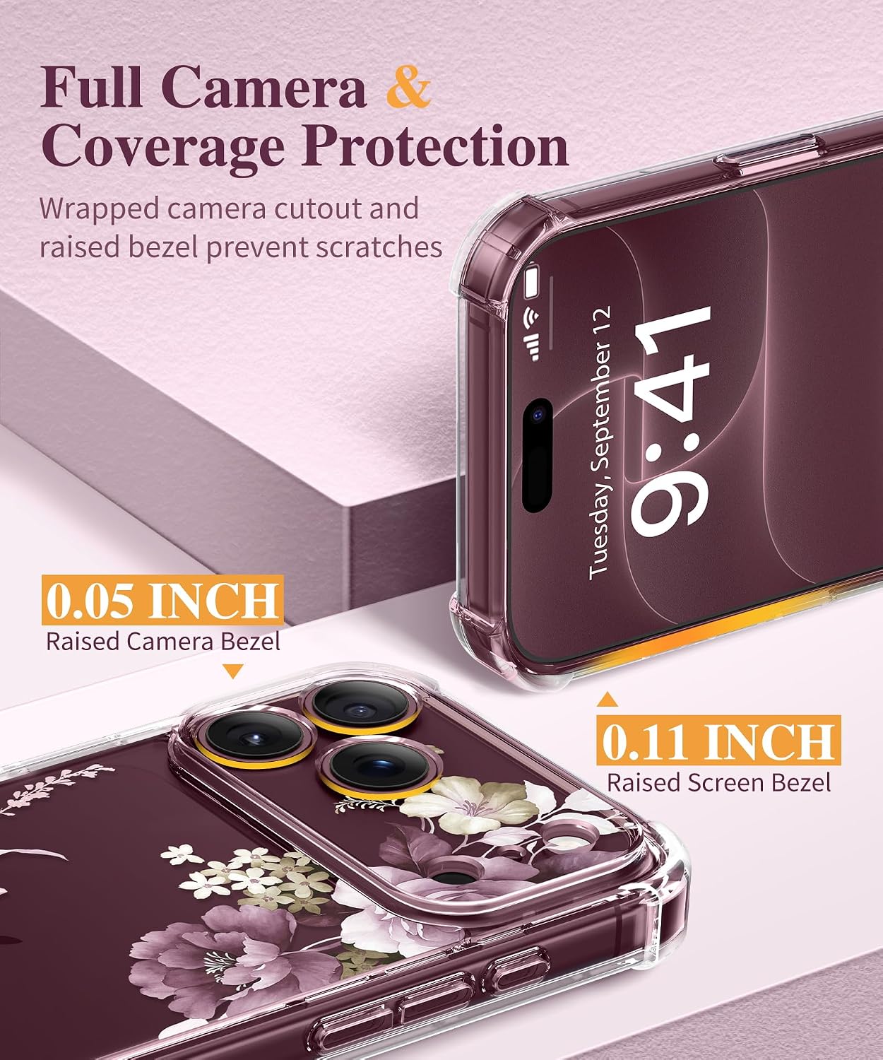 Detalle de GVIEWIN Floral Clear Case for iPhone 18 Pro/17 Pro, Slim with Screen and Camera Protection