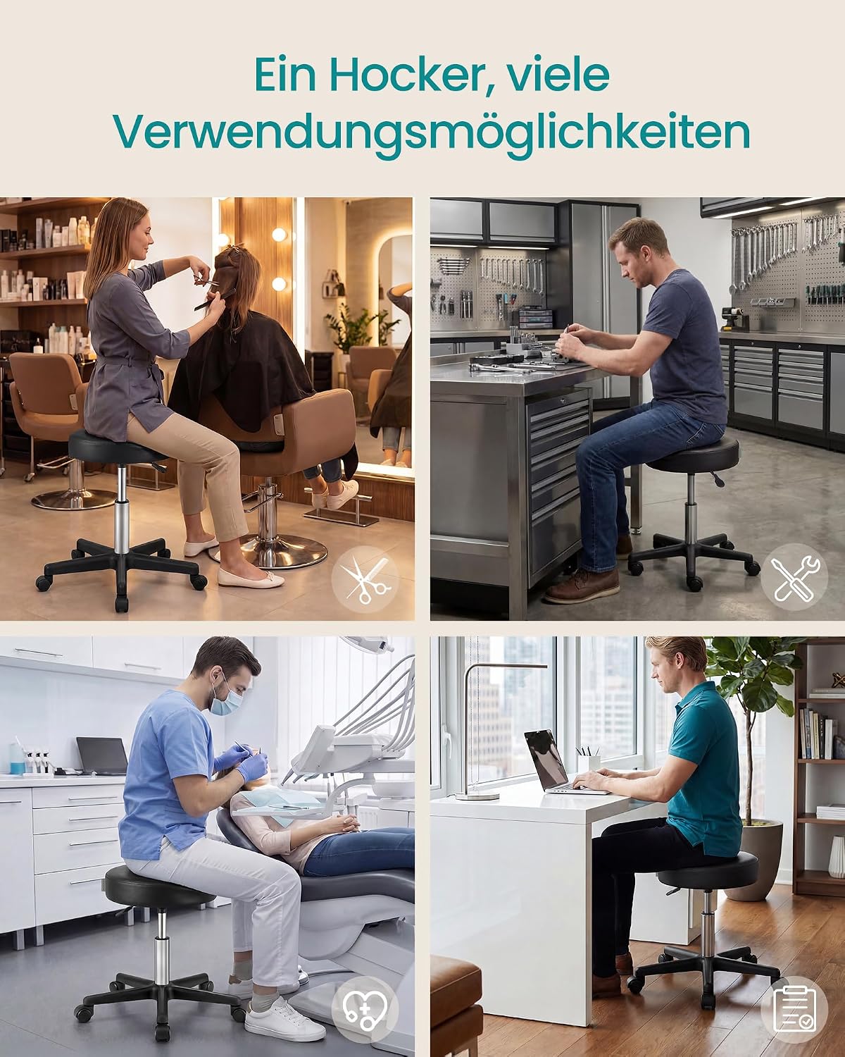 Detalle de SONGMICS Drehhocker auf Rollen LJB61B – höhenverstellbar (46–58 cm) für Studio, Salon & Büro