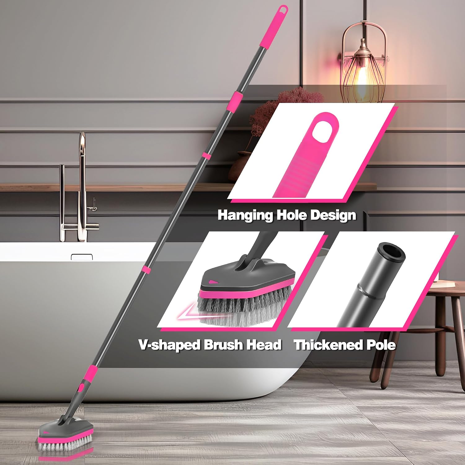 Detalle de NEWE telescopic bathroom cleaning brush with rotating 180° head and 4 scrub heads (grey/red) for tubs, tiles and toilets