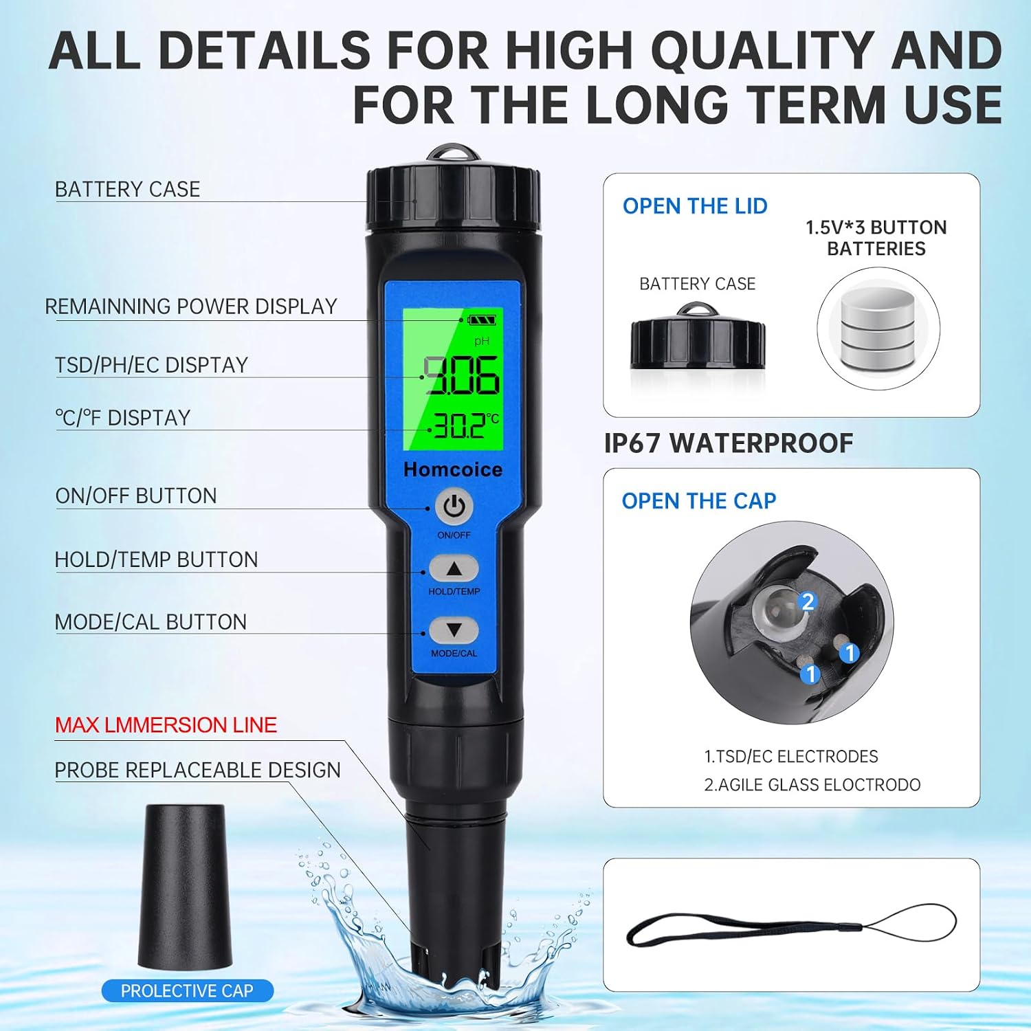 Detalle de Homcoice pH mètre électronique 4 en 1 (pH, TDS, EC, température) étanche IP67