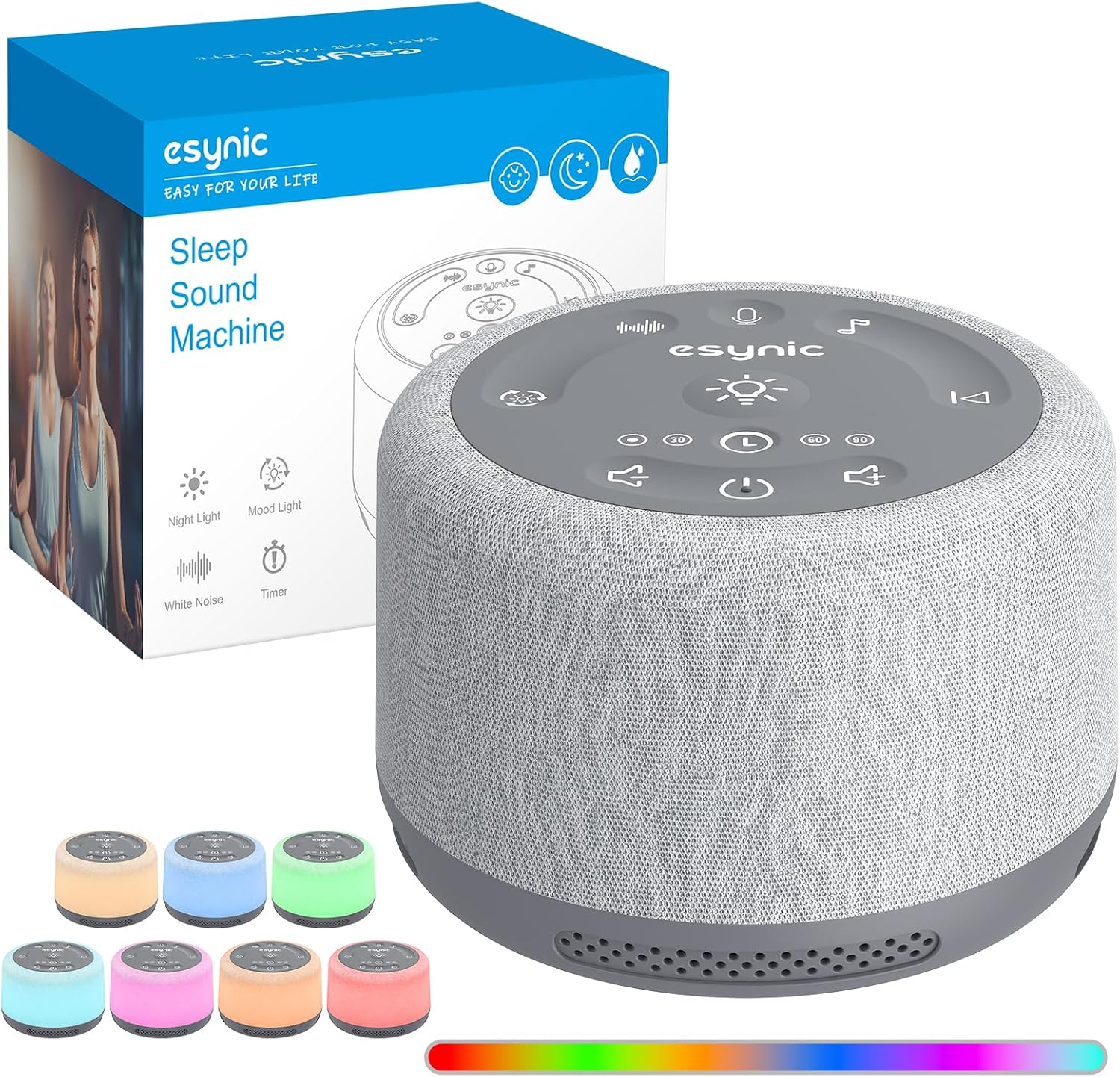 eSynic Rumore Bianco per Neonato con Luce Notturna 7 Colori, Timer e Suoni Ricaricabile