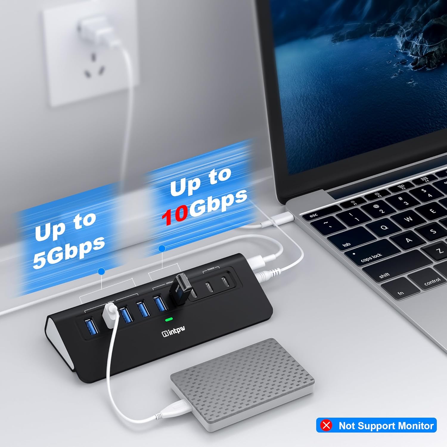 Detalle 2 de intpw 9-Port Powered USB Hub with 10Gbps USB 3.2 and 45W PD