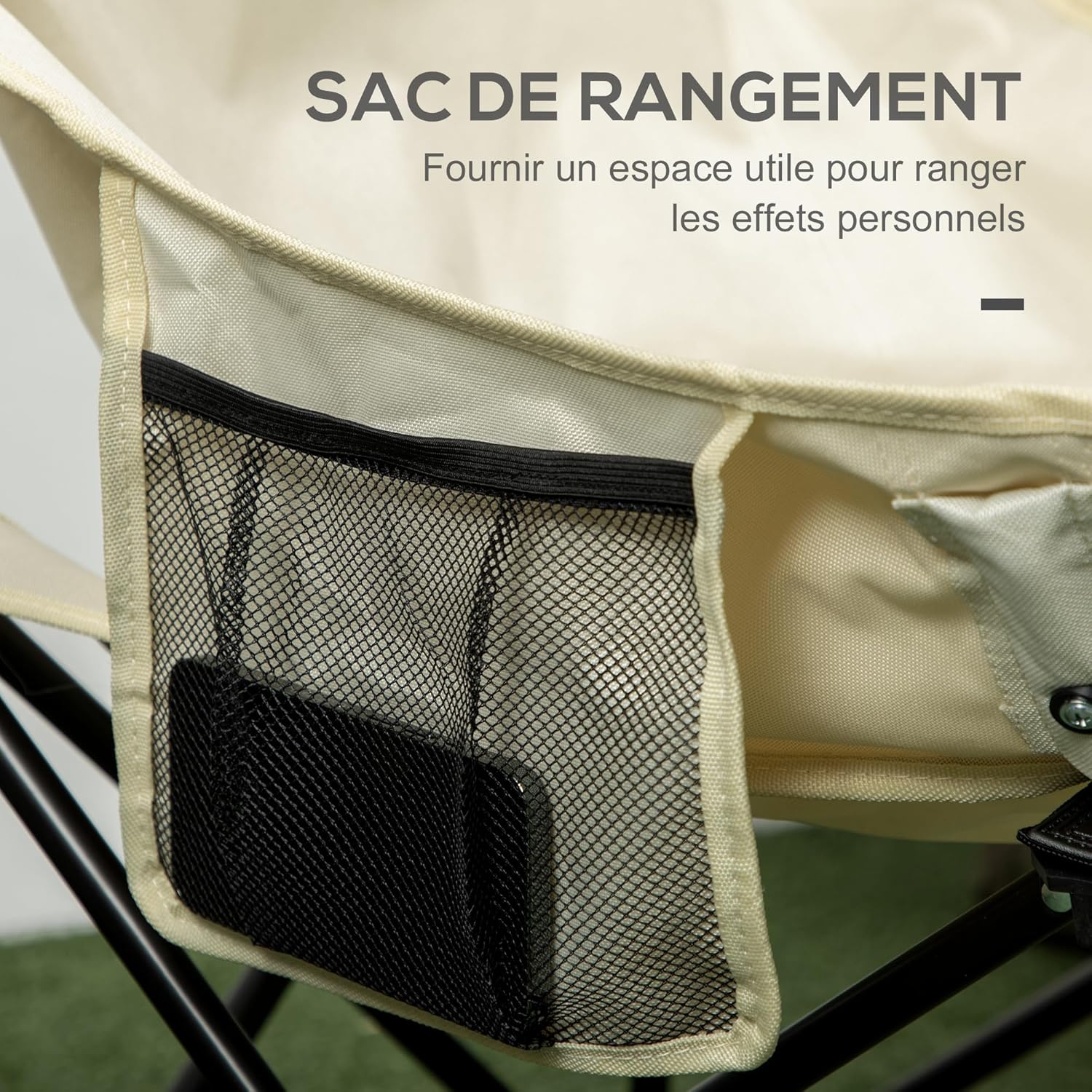 Thumbnail 4 de Outsunny Chaise de Camping Pliable avec Sac de Transport et Pochette latérale – Beige, 61x54x66 cm