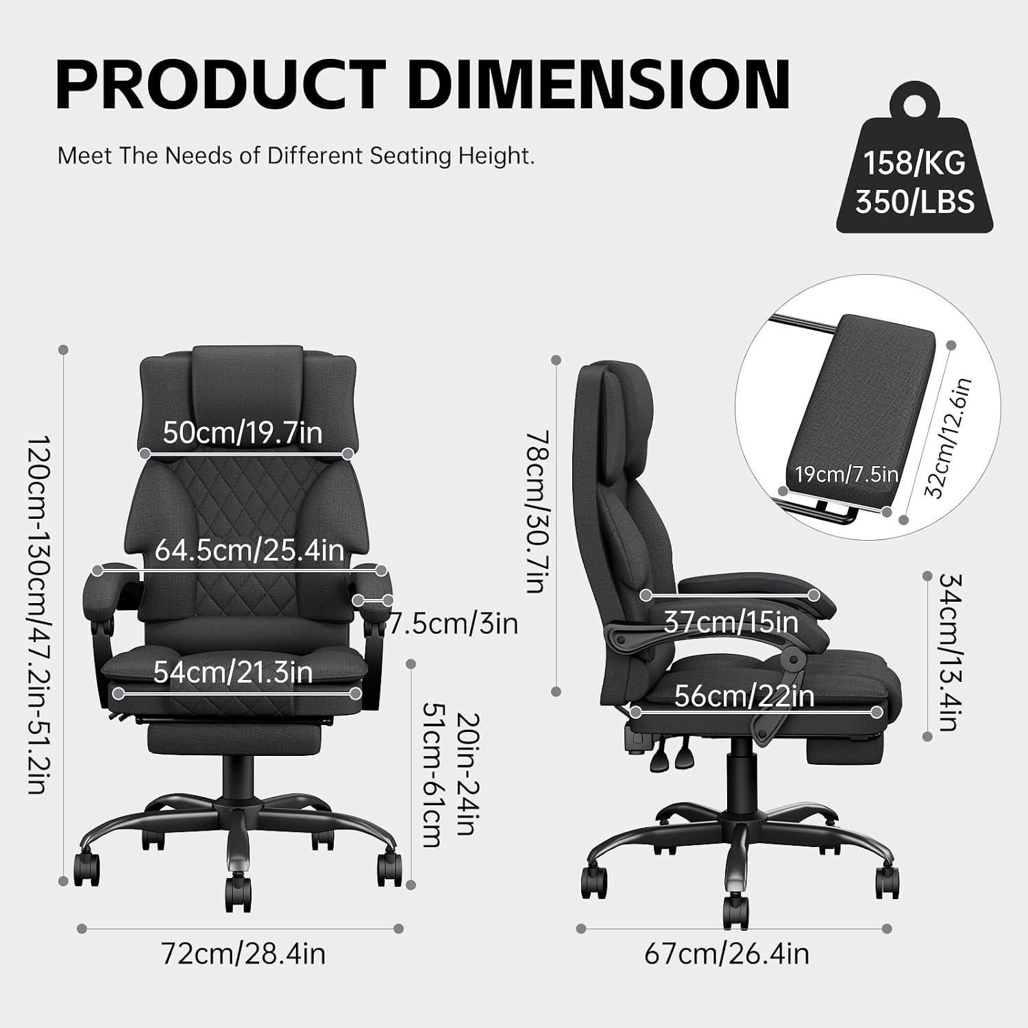 Detalle de Submi SU101-Deep Grey-CA Ergonomic Office Chair with Wide Fabric Seat and Footrest