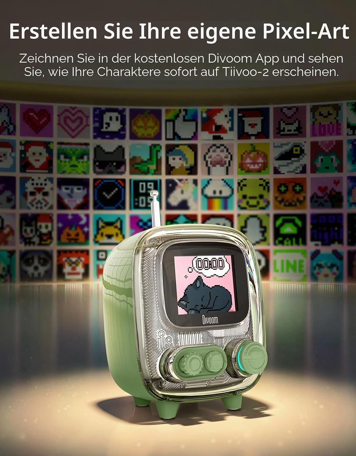 Detalle de Divoom Tiivoo-2: Tragbarer Bluetooth-Lautsprecher mit FM-Radio, Pixel Art und All-in-One-Assistent