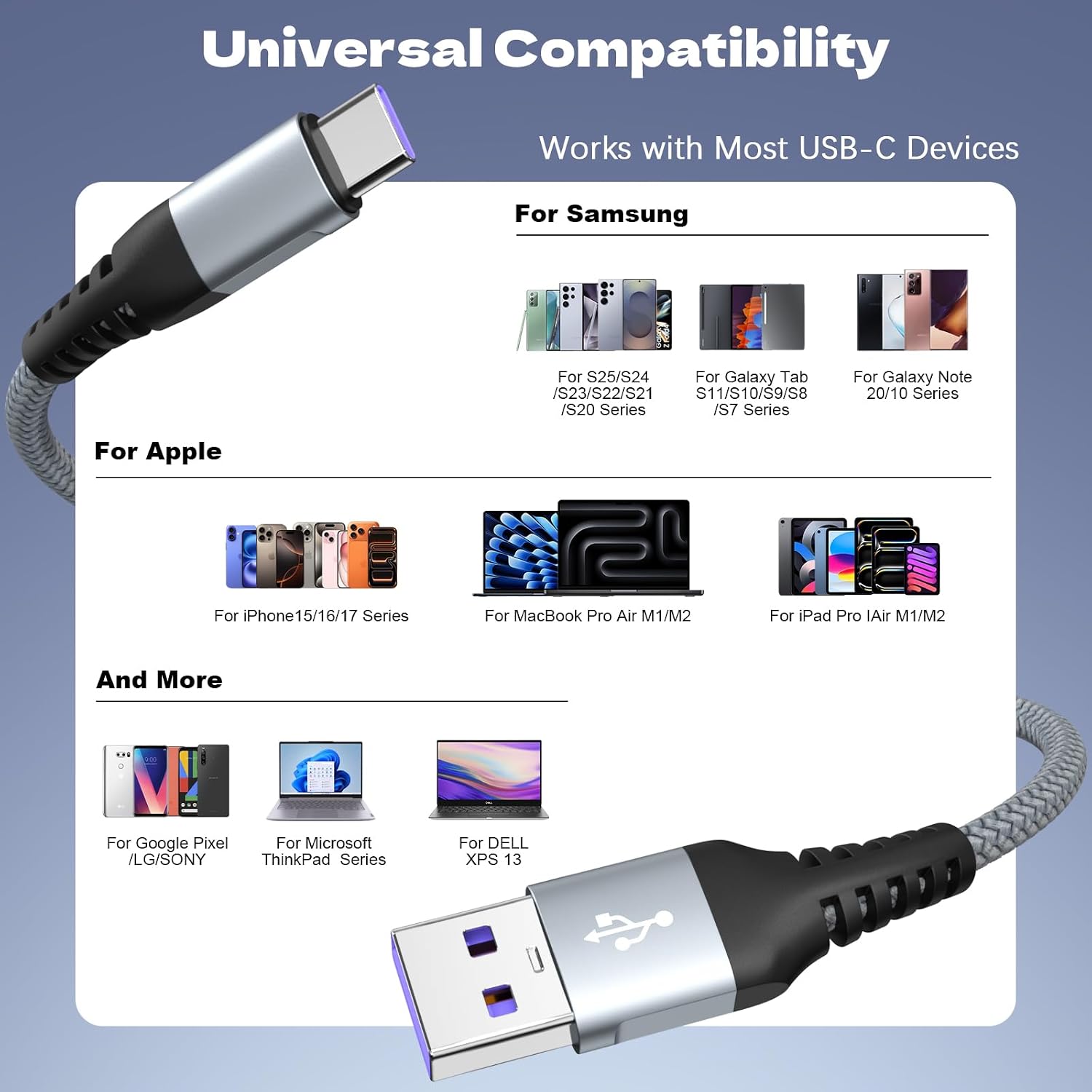 Thumbnail 4 de USB A to USB C Cable 60W Fast Charging 2-Pack (6FT) – Nylon Braided, Safe & Durable