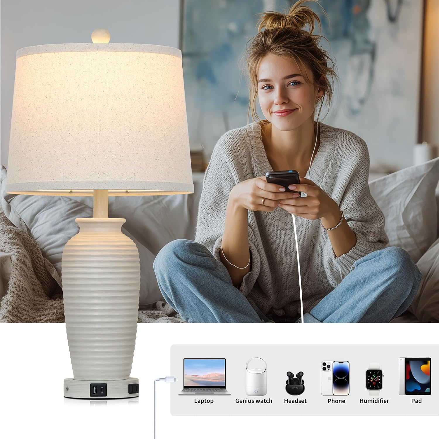 Detalle de CINSARY TD-CS-225-1PK 25" Farmhouse Table Lamp with Touch Dimming, USB-A/C & AC Outlet