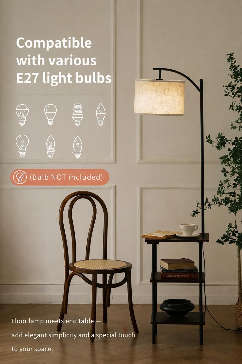 Thumbnail 2 de LuminexDesigns Lampadaire Vintage avec Étagères – Lampe sur Pied en Noyer Rétro, 3 Niveaux et Ports USB-C