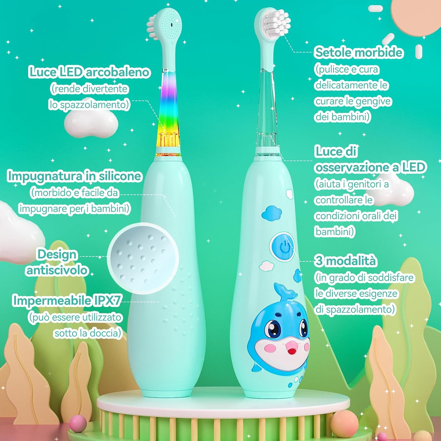 Thumbnail 1 de Spazzolino elettrico bambini Seago SG-2139 (modello balena) con LED, 8 testine e ricarica magnetica, blu