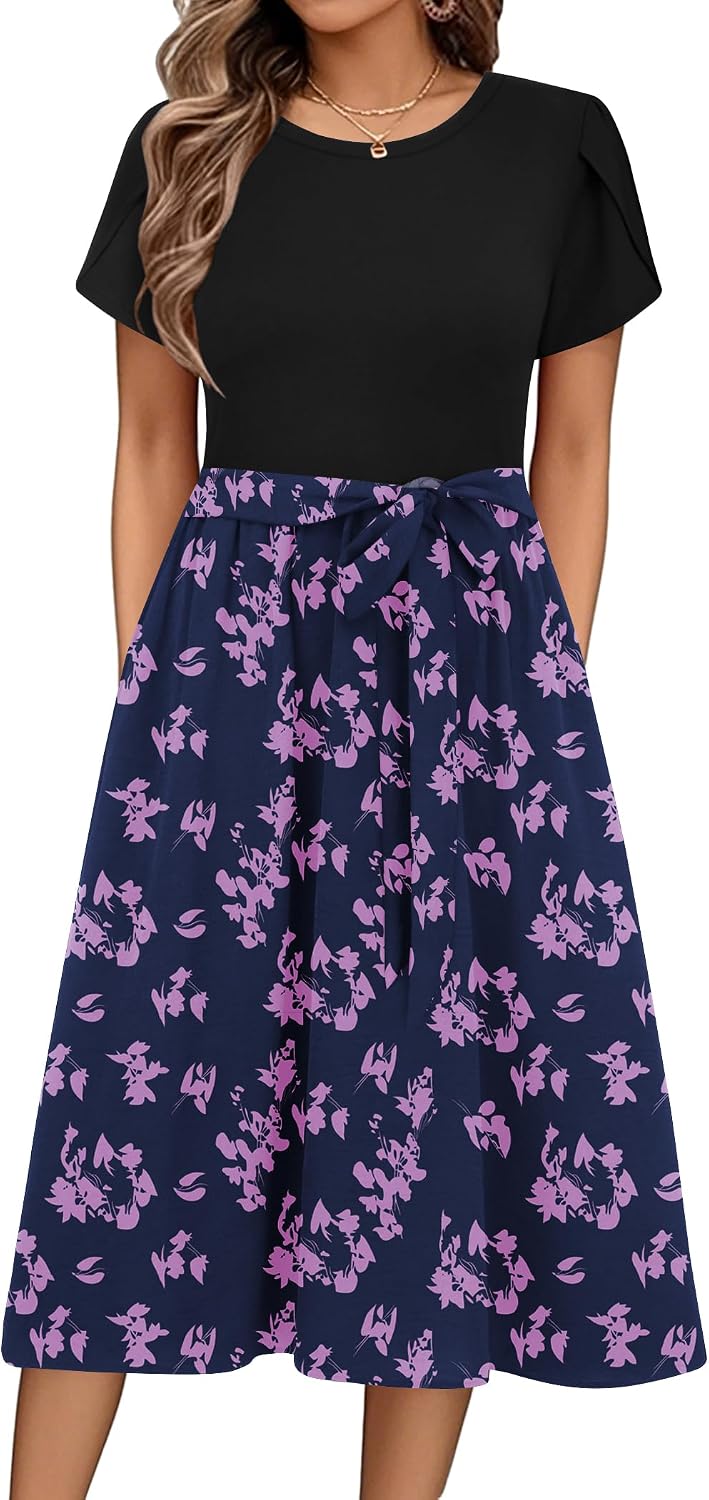 Detalle 2 de Zeagoo Floral Midi Summer Dress for Women – UK, Short Sleeve with Pockets (S–2XL)