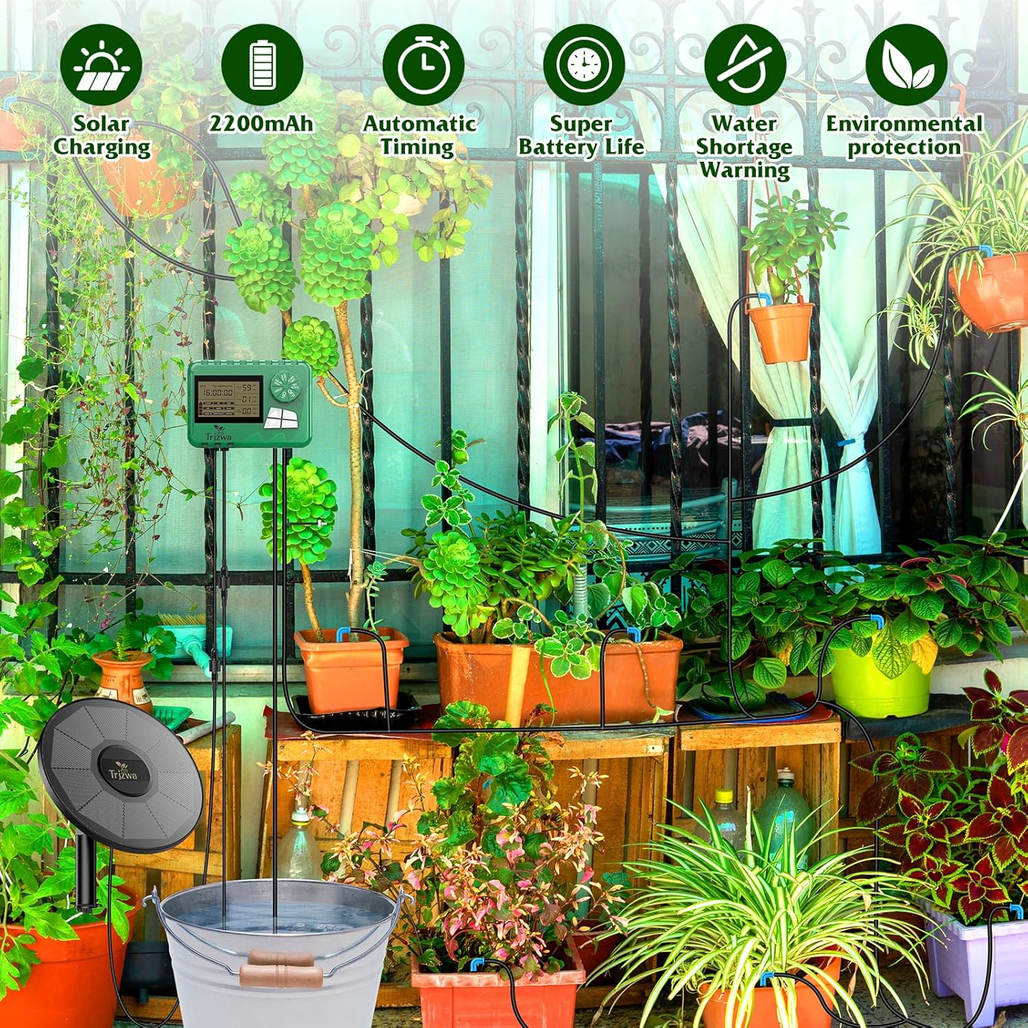 Detalle de TRJZWA Kit irrigazione solare a goccia automatico con timer e 15 m di tubo, 15 gocciolatori