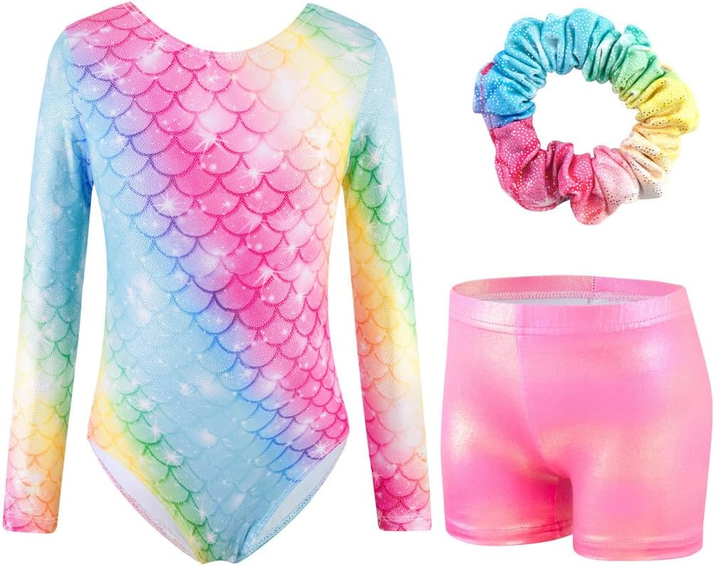 Thumbnail 1 de XiaoMoSha Girls Three-Piece Gymnastics Leotards Set: Long Sleeve Leotard, Shorts & Hairband (3–12 Years)